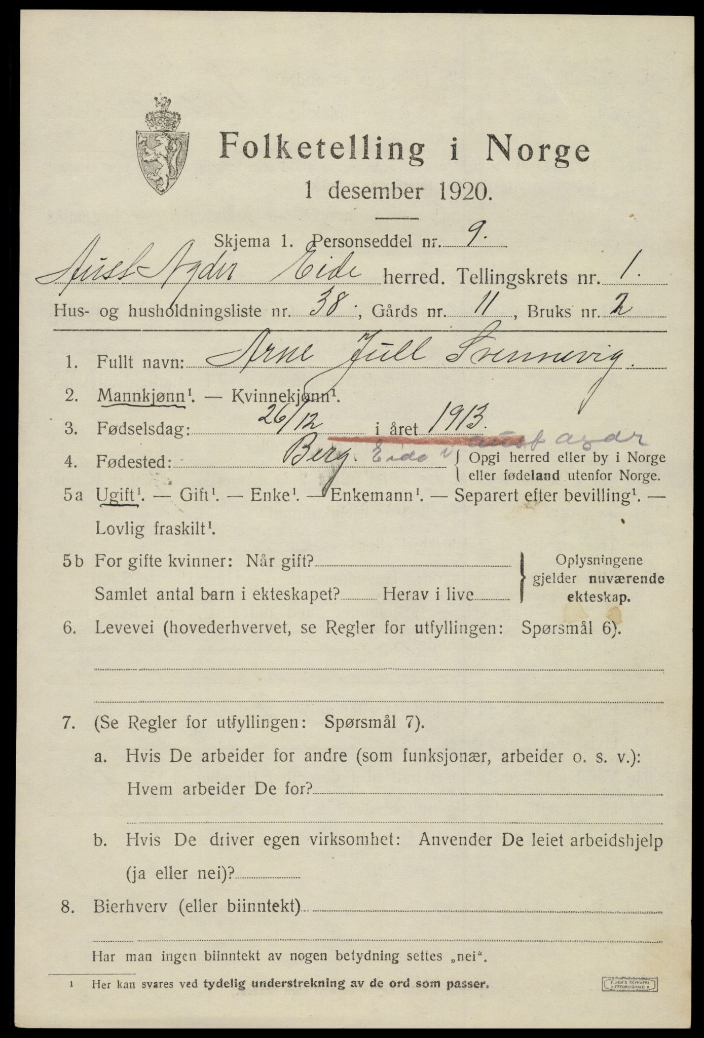 SAK, 1920 census for Eide, 1920, p. 662