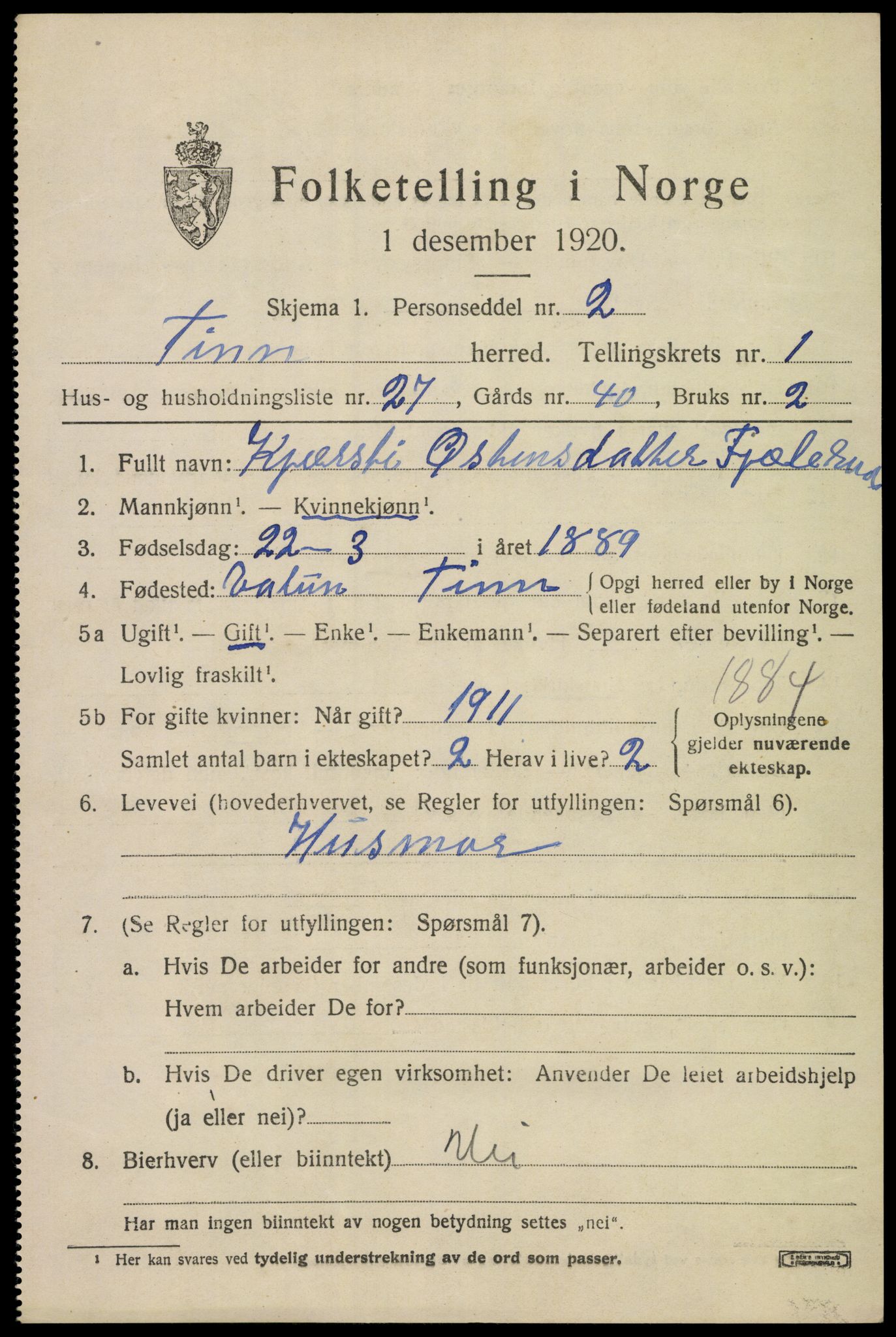 SAKO, 1920 census for Tinn, 1920, p. 3024