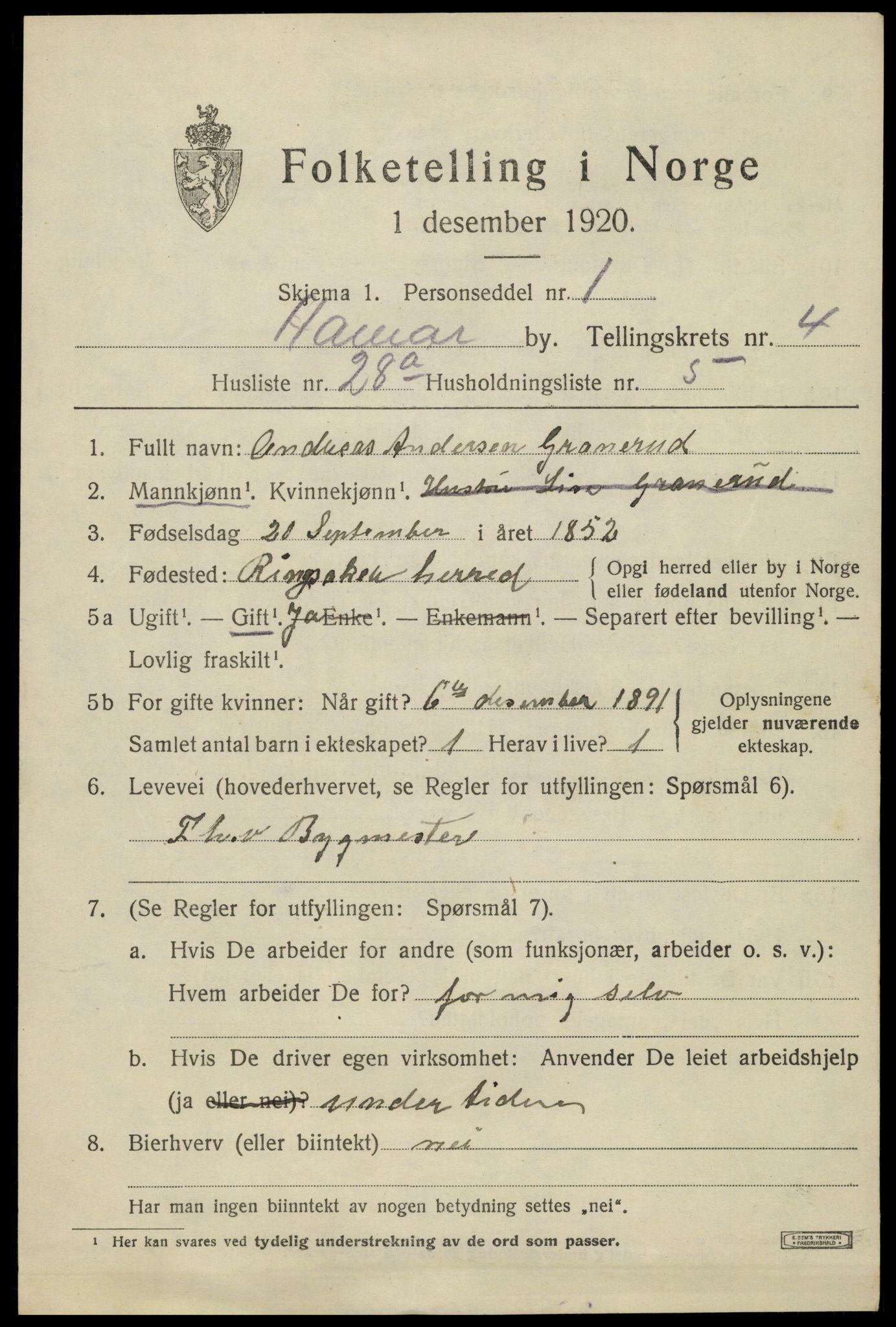 SAH, 1920 census for Hamar, 1920, p. 9181