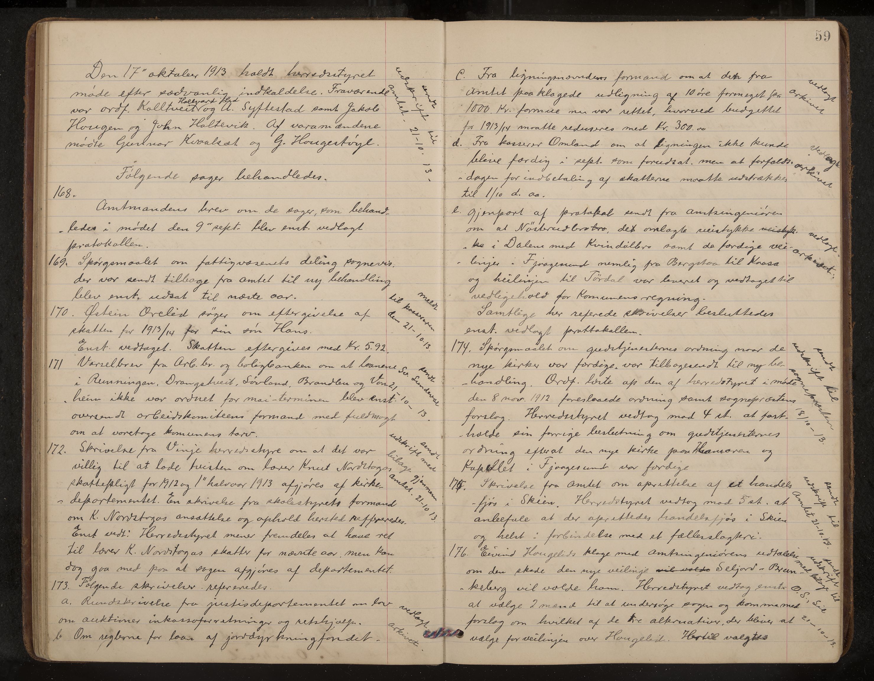 Kviteseid formannskap og sentraladministrasjon, IKAK/0829021/A/Aa/L0005: Møtebok, 1911-1918, p. 59