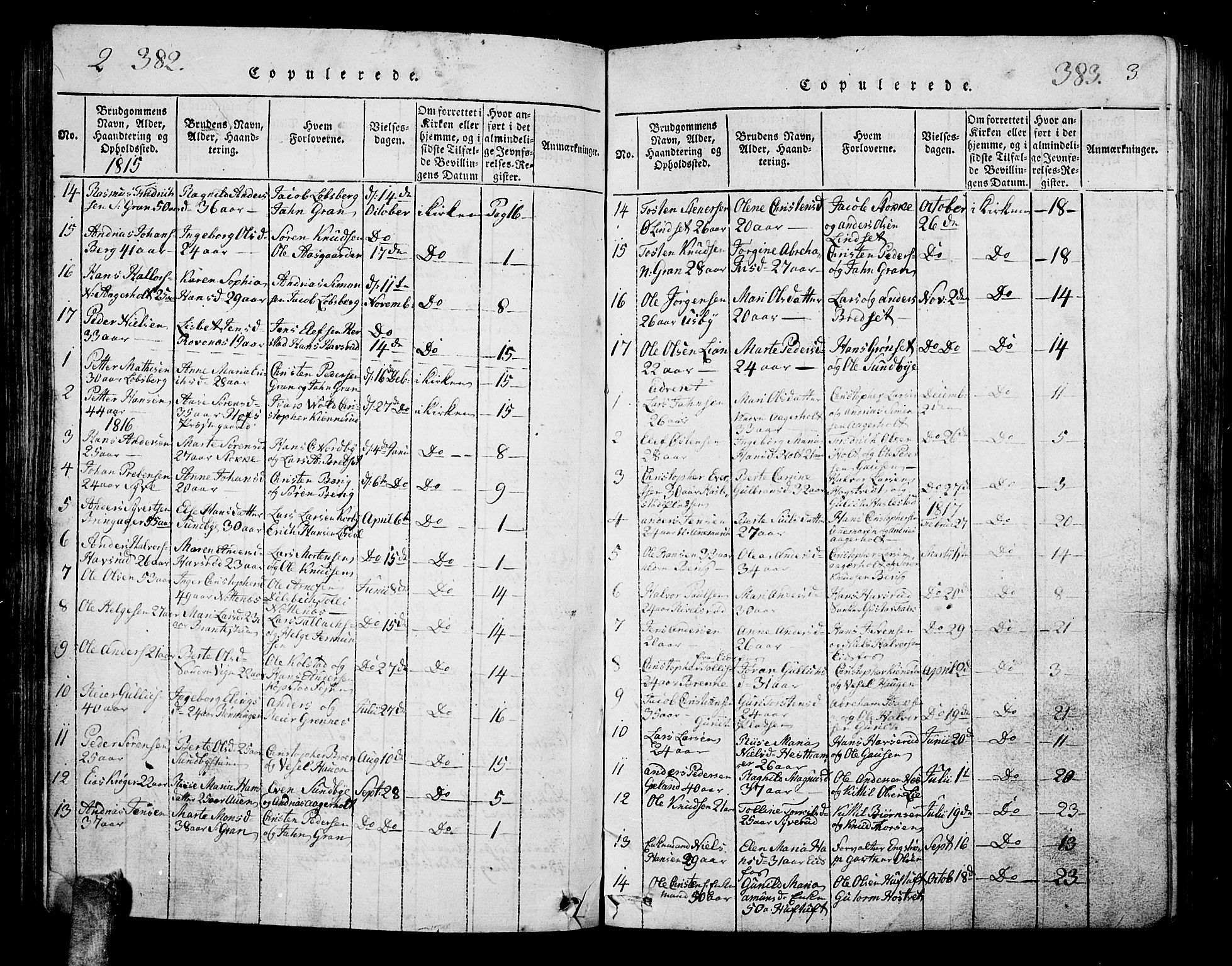 Hof kirkebøker, SAKO/A-64/G/Ga/L0001: Parish register (copy) no. I 1, 1814-1844, p. 382-383