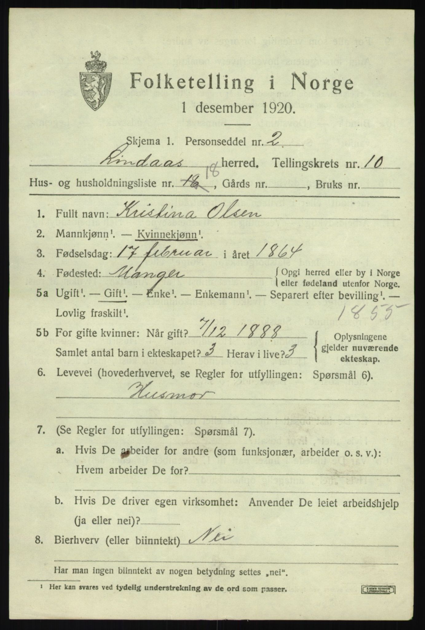 SAB, 1920 census for Lindås, 1920, p. 5599