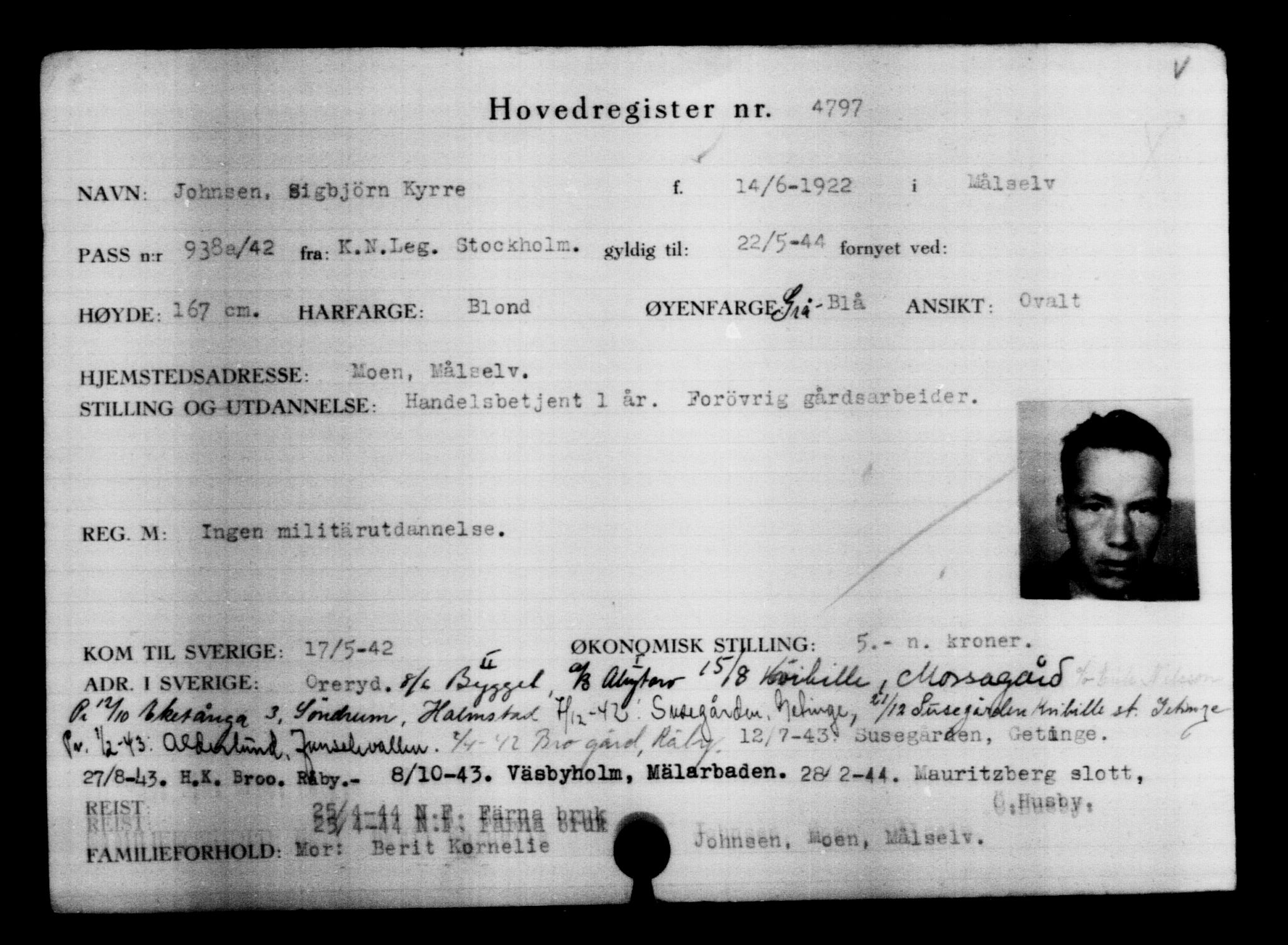 Utenriksstasjonene, Legasjonen i Stockholm, Flyktningkontoret, AV/RA-S-6753/V/Va/L0004: Kjesäterkartoteket, flyktninger med registreringsnr. 3496-6610, 1940-1945, p. 1538