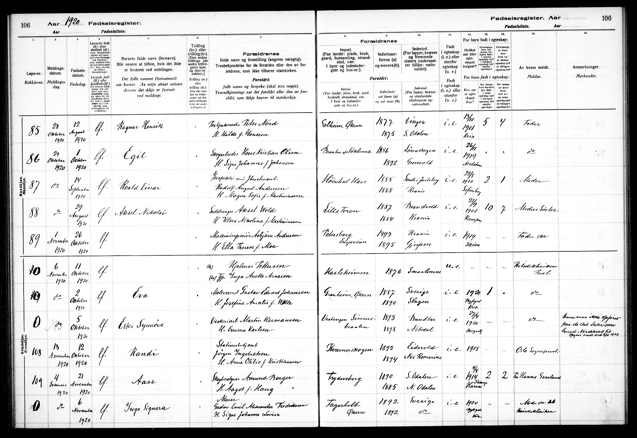 Østre Aker prestekontor Kirkebøker, AV/SAO-A-10840/J/Ja/L0001: Birth register no. I 1, 1916-1923, p. 106