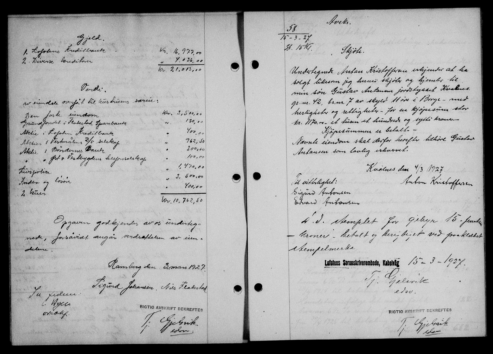 Lofoten sorenskriveri, SAT/A-0017/1/2/2C/L0015b: Mortgage book no. 15b, 1927-1927, Deed date: 15.03.1927