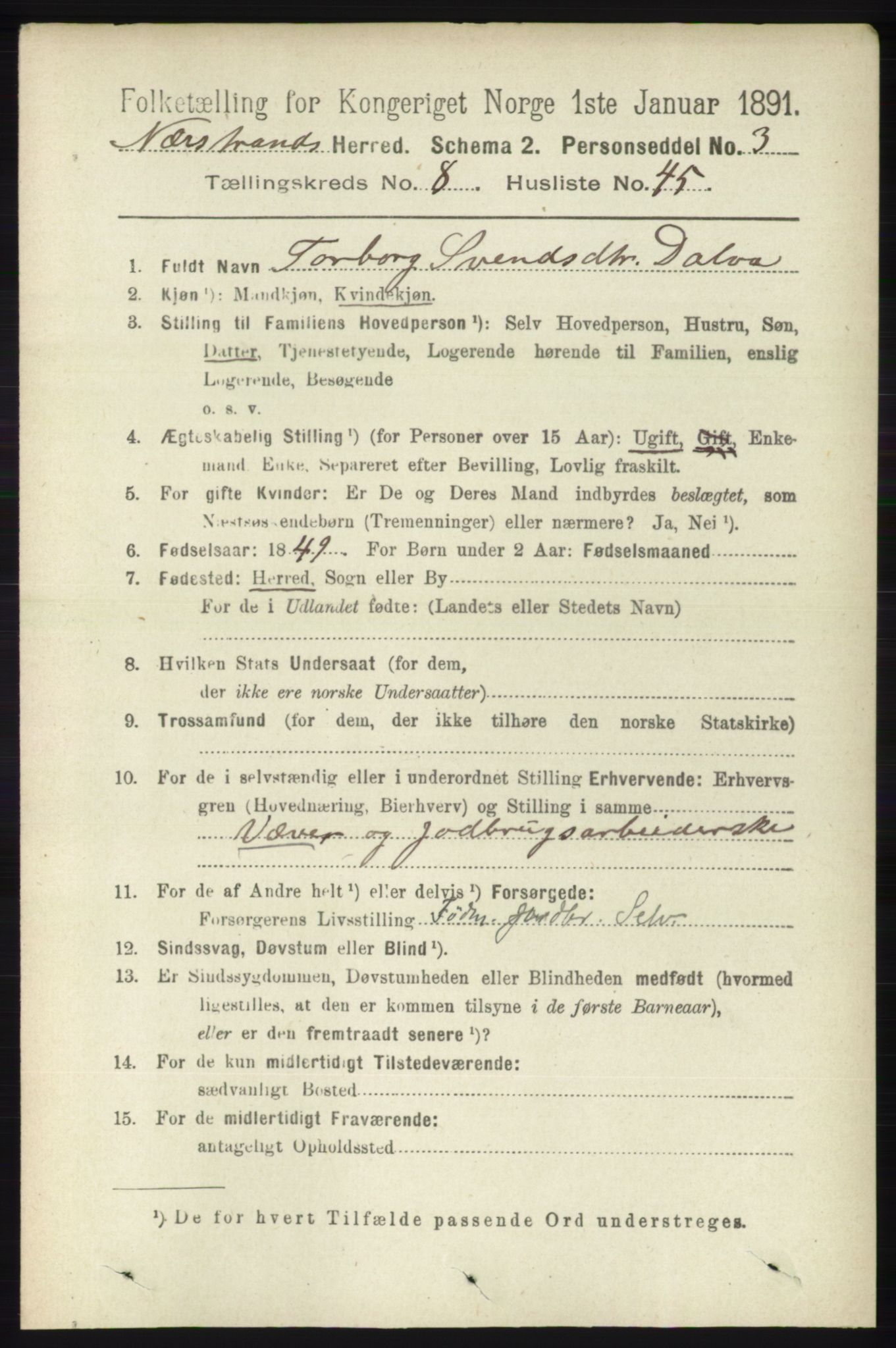 RA, 1891 census for 1139 Nedstrand, 1891, p. 1581
