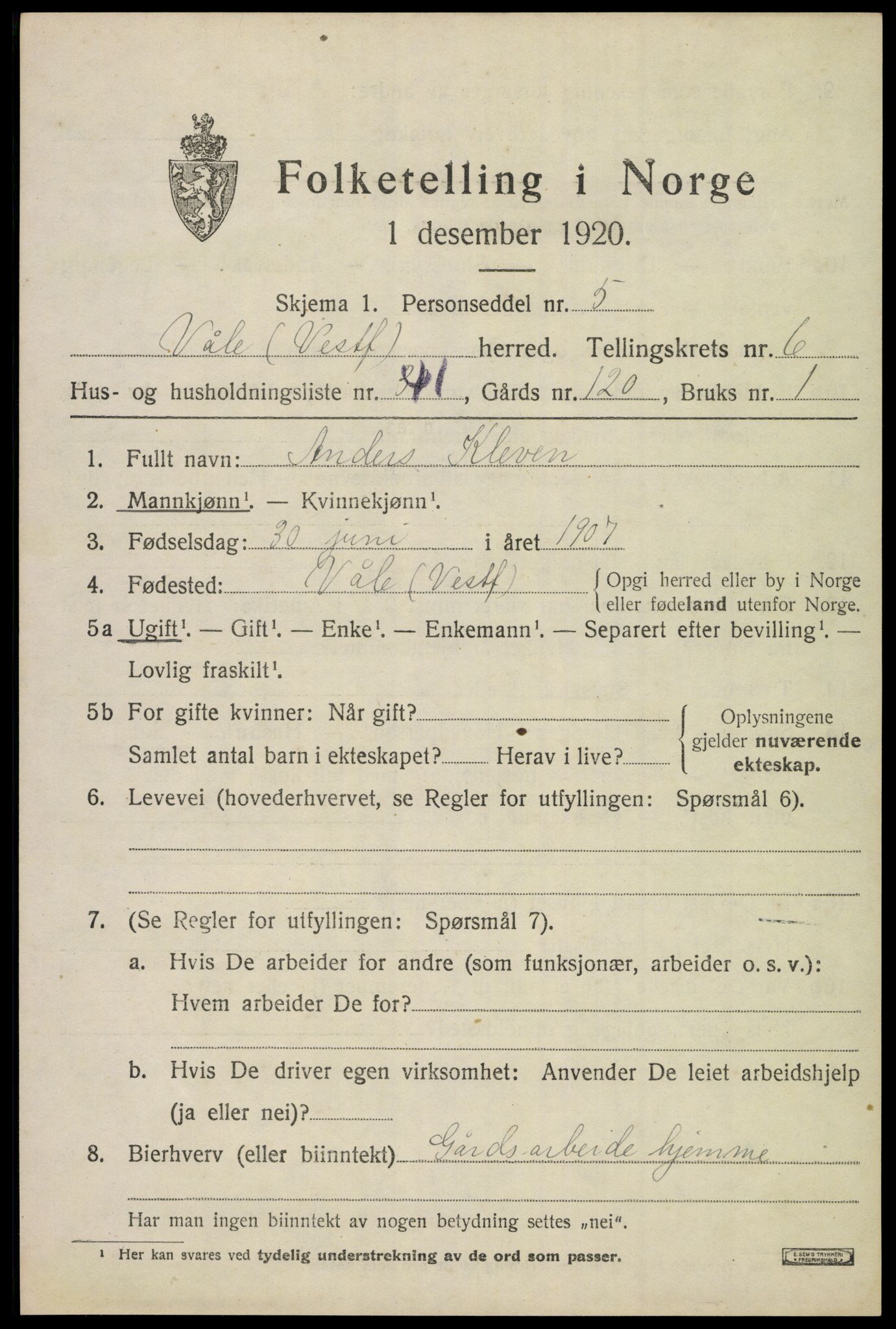 SAKO, 1920 census for Våle, 1920, p. 5384