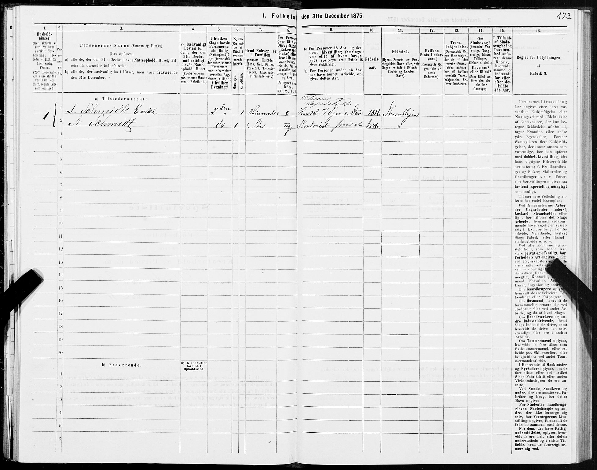 SAT, 1875 census for 1601 Trondheim, 1875, p. 6123