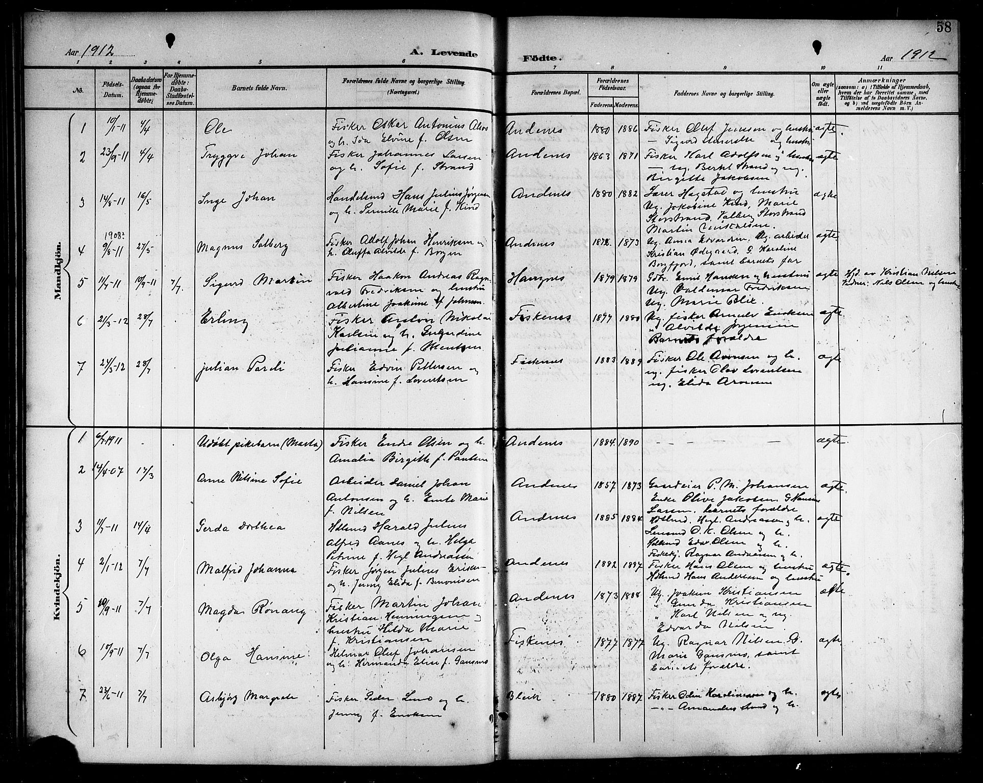 Ministerialprotokoller, klokkerbøker og fødselsregistre - Nordland, SAT/A-1459/899/L1449: Parish register (copy) no. 899C04, 1900-1918, p. 58