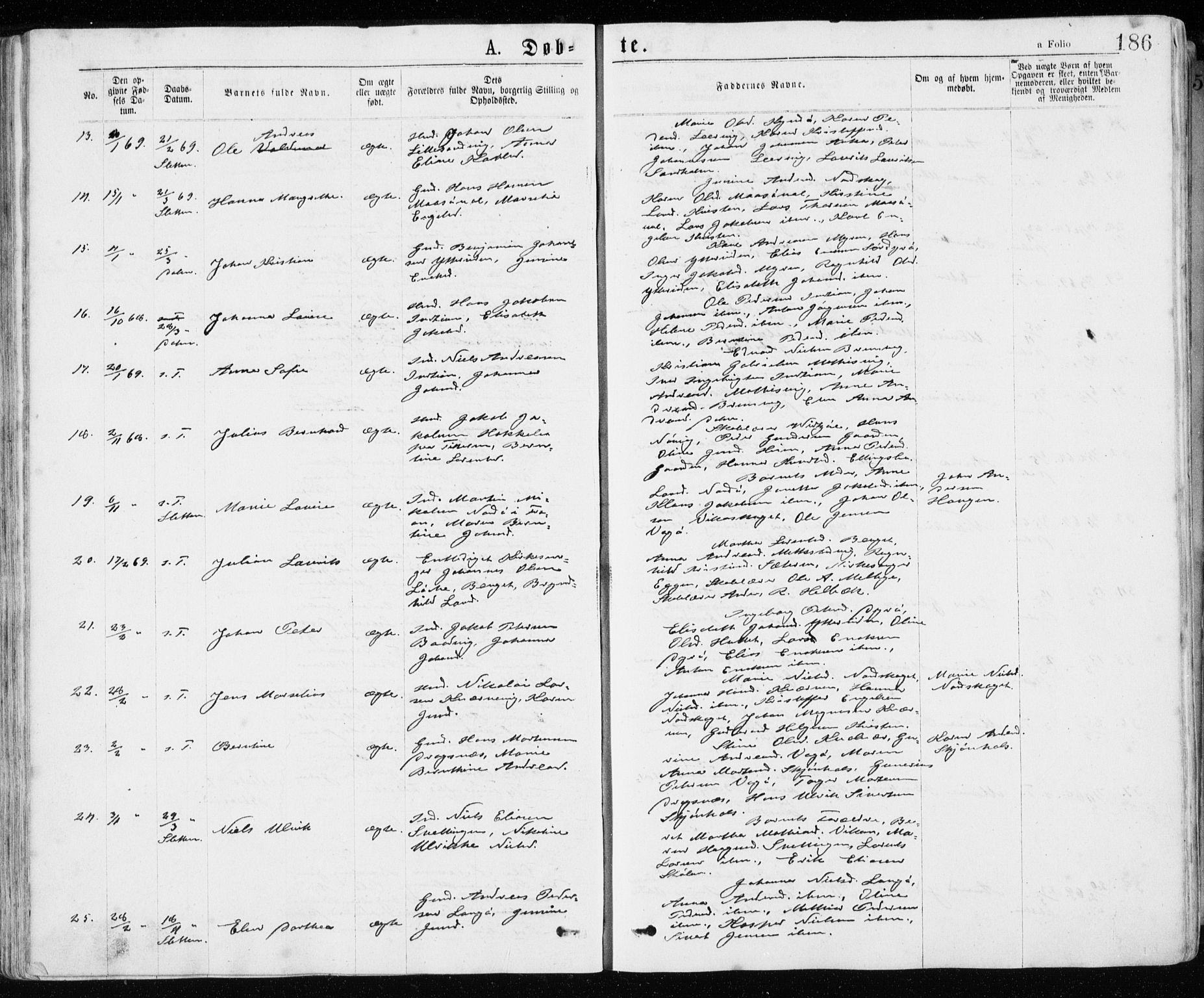 Ministerialprotokoller, klokkerbøker og fødselsregistre - Sør-Trøndelag, SAT/A-1456/640/L0576: Parish register (official) no. 640A01, 1846-1876, p. 186