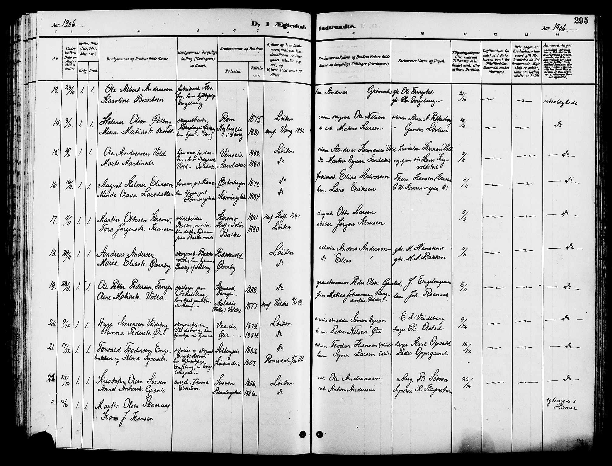 Løten prestekontor, AV/SAH-PREST-022/L/La/L0006: Parish register (copy) no. 6, 1892-1909, p. 295