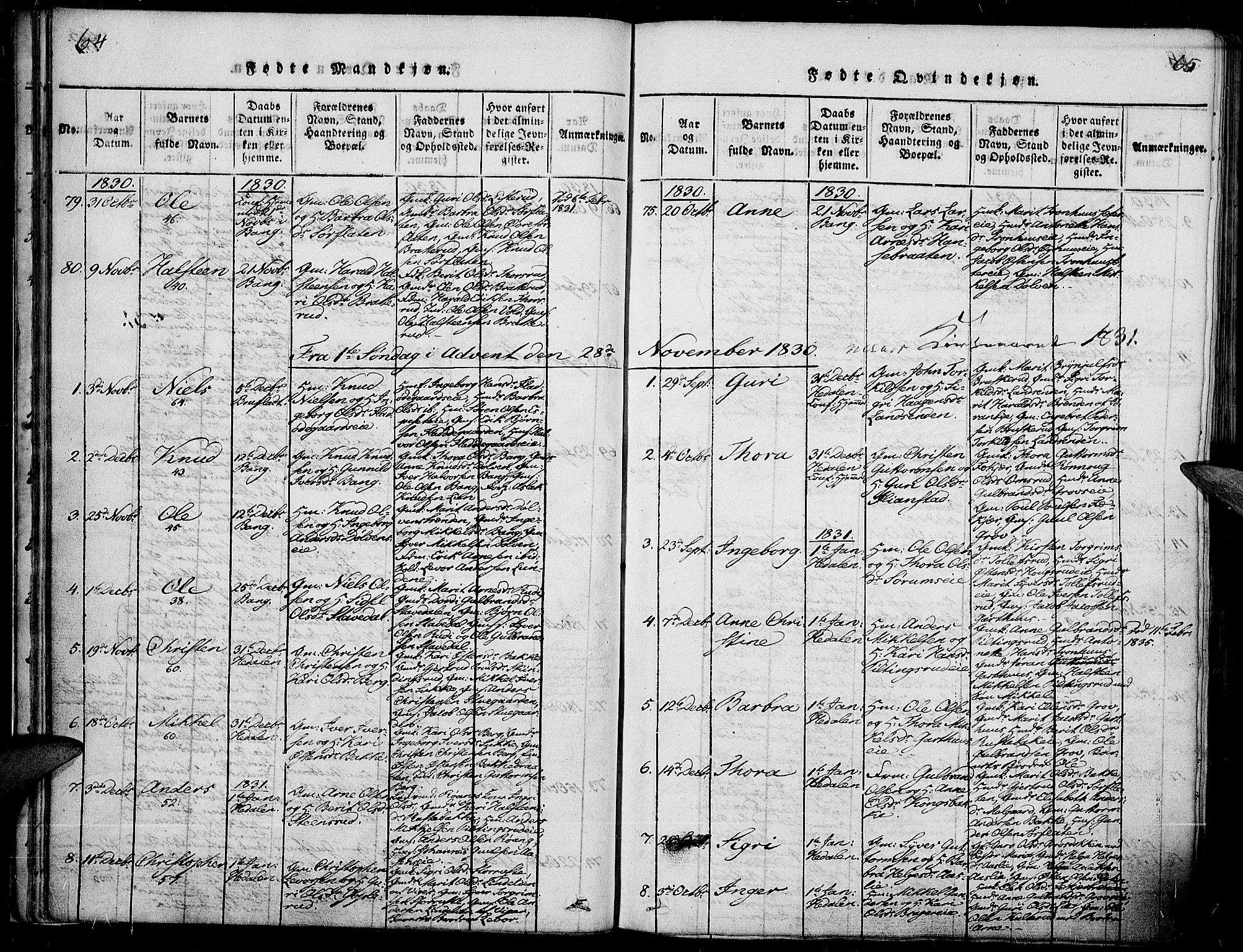 Sør-Aurdal prestekontor, SAH/PREST-128/H/Ha/Haa/L0003: Parish register (official) no. 3, 1825-1840, p. 64-65