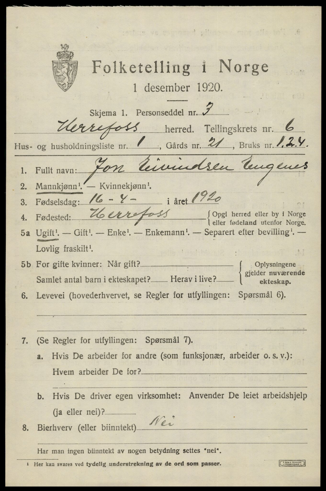 SAK, 1920 census for Herefoss, 1920, p. 1112