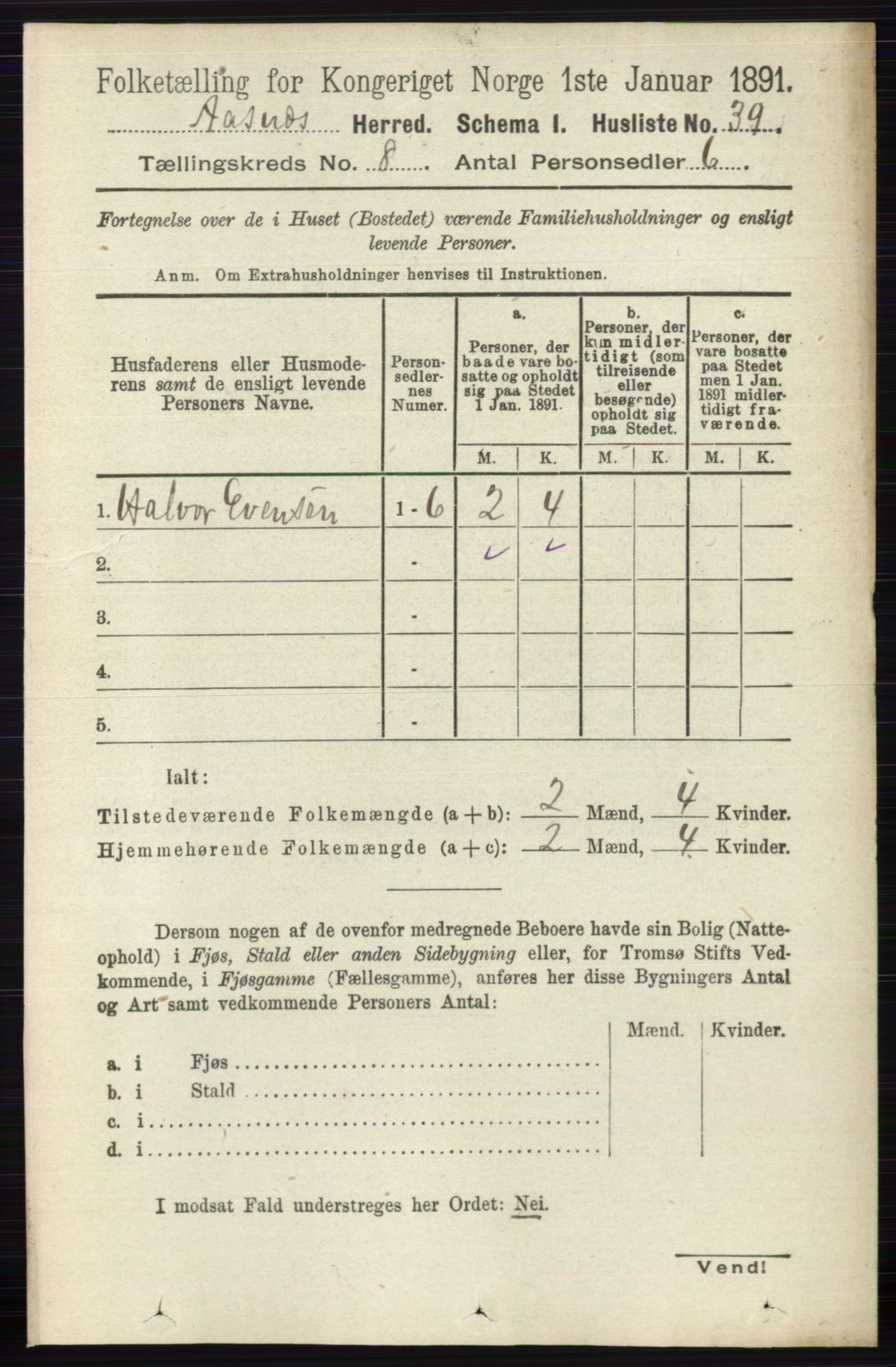 RA, 1891 census for 0425 Åsnes, 1891, p. 4160