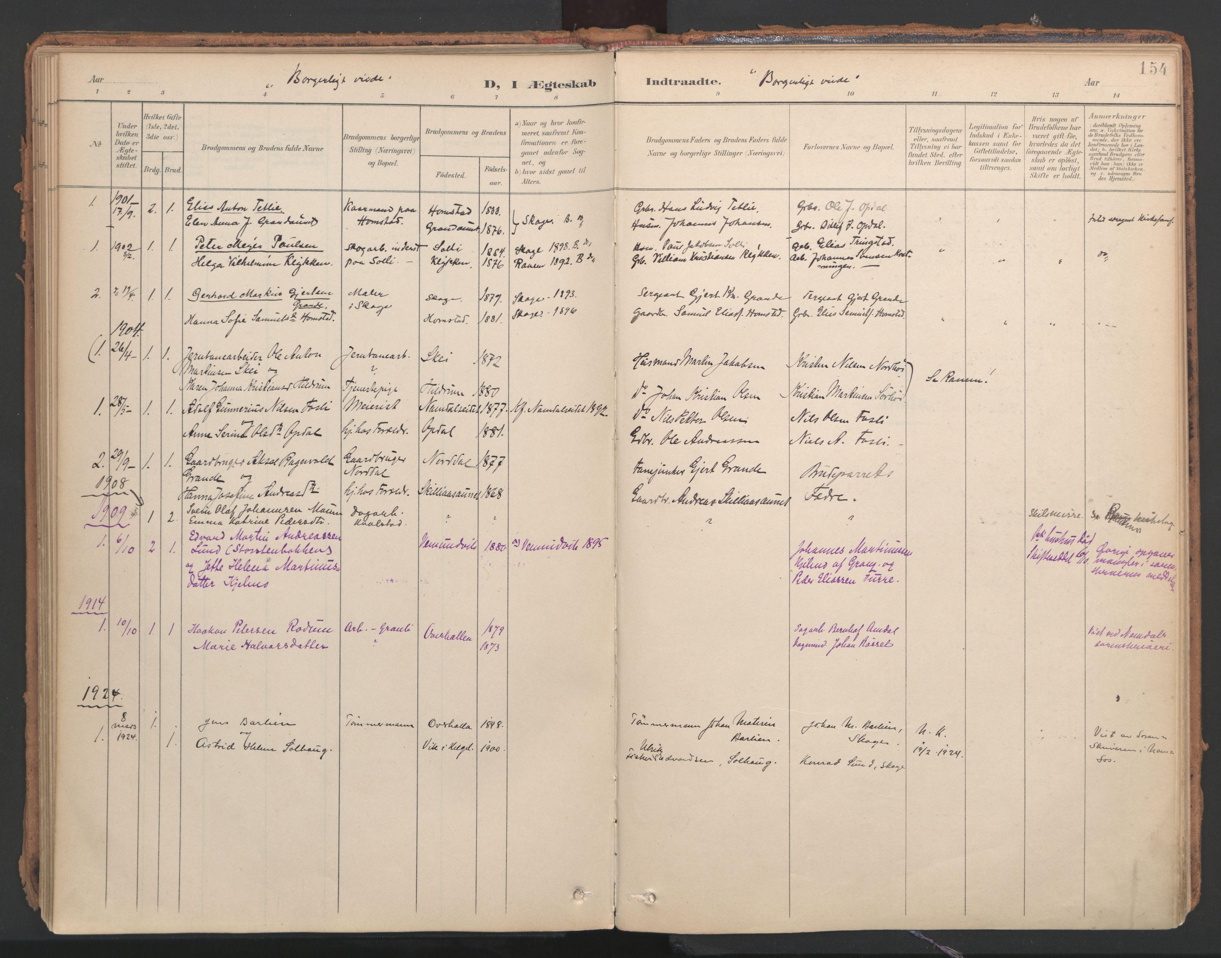 Ministerialprotokoller, klokkerbøker og fødselsregistre - Nord-Trøndelag, SAT/A-1458/766/L0564: Parish register (official) no. 767A02, 1900-1932, p. 154