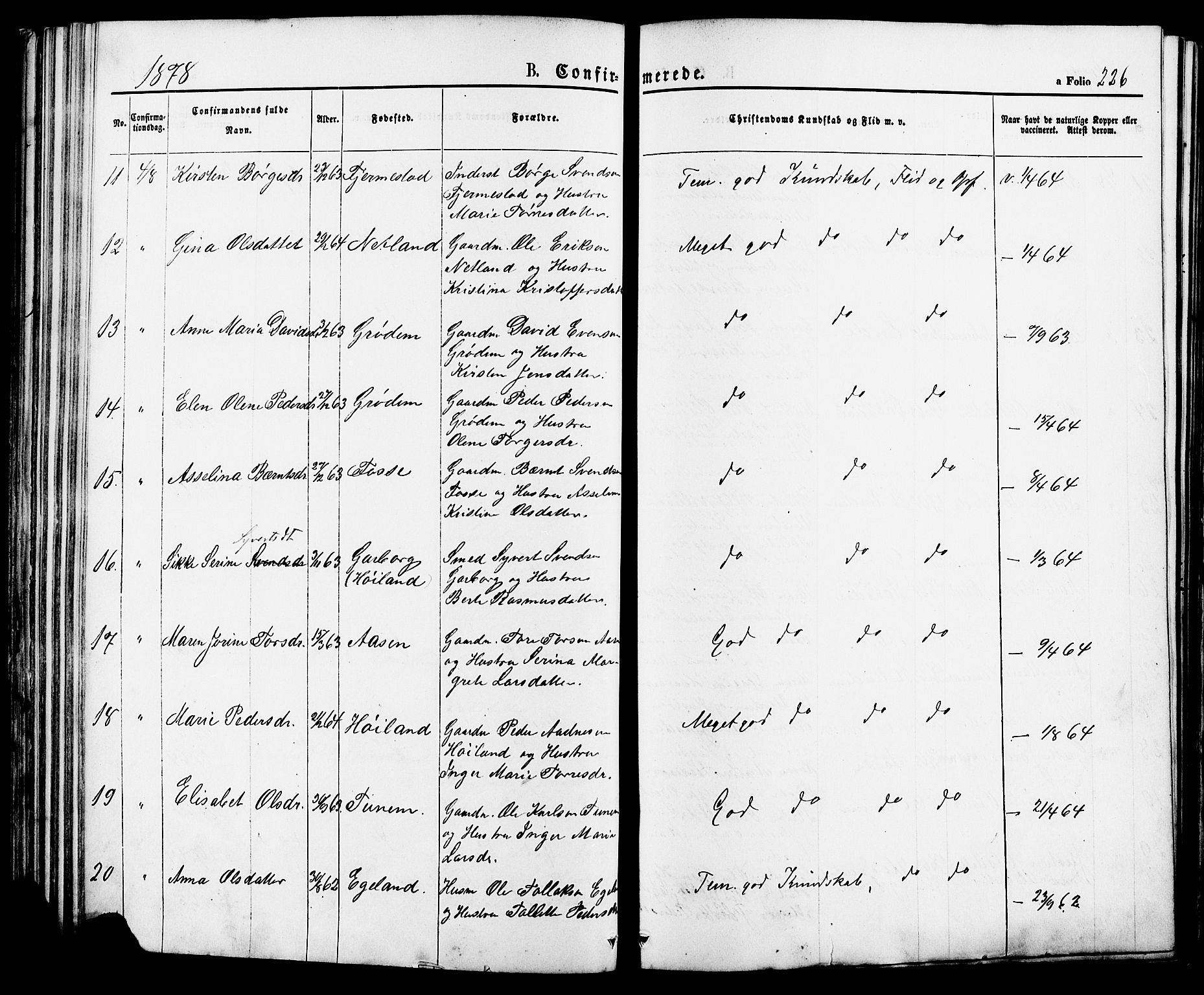 Lye sokneprestkontor, AV/SAST-A-101794/001/30BA/L0008: Parish register (official) no. A 7, 1872-1881, p. 226