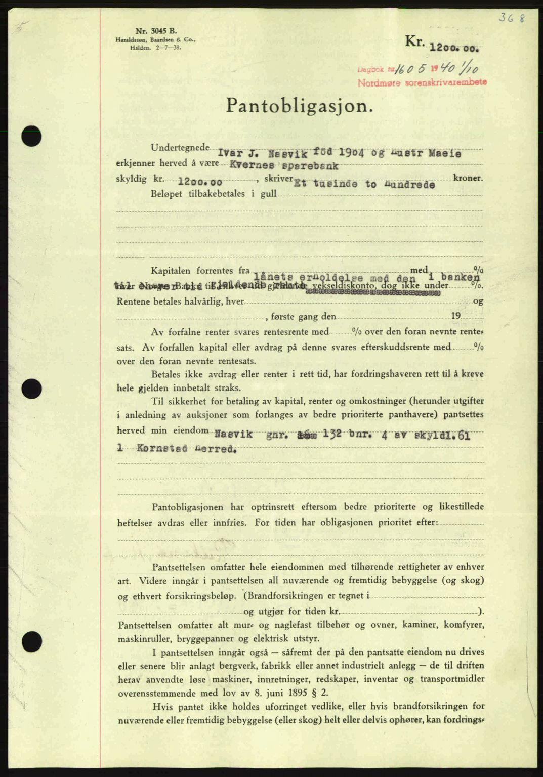 Nordmøre sorenskriveri, AV/SAT-A-4132/1/2/2Ca: Mortgage book no. B87, 1940-1941, Diary no: : 1605/1940