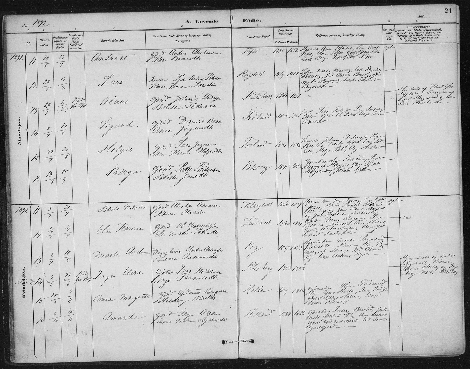 Nedstrand sokneprestkontor, SAST/A-101841/01/IV: Parish register (official) no. A 12, 1887-1915, p. 21