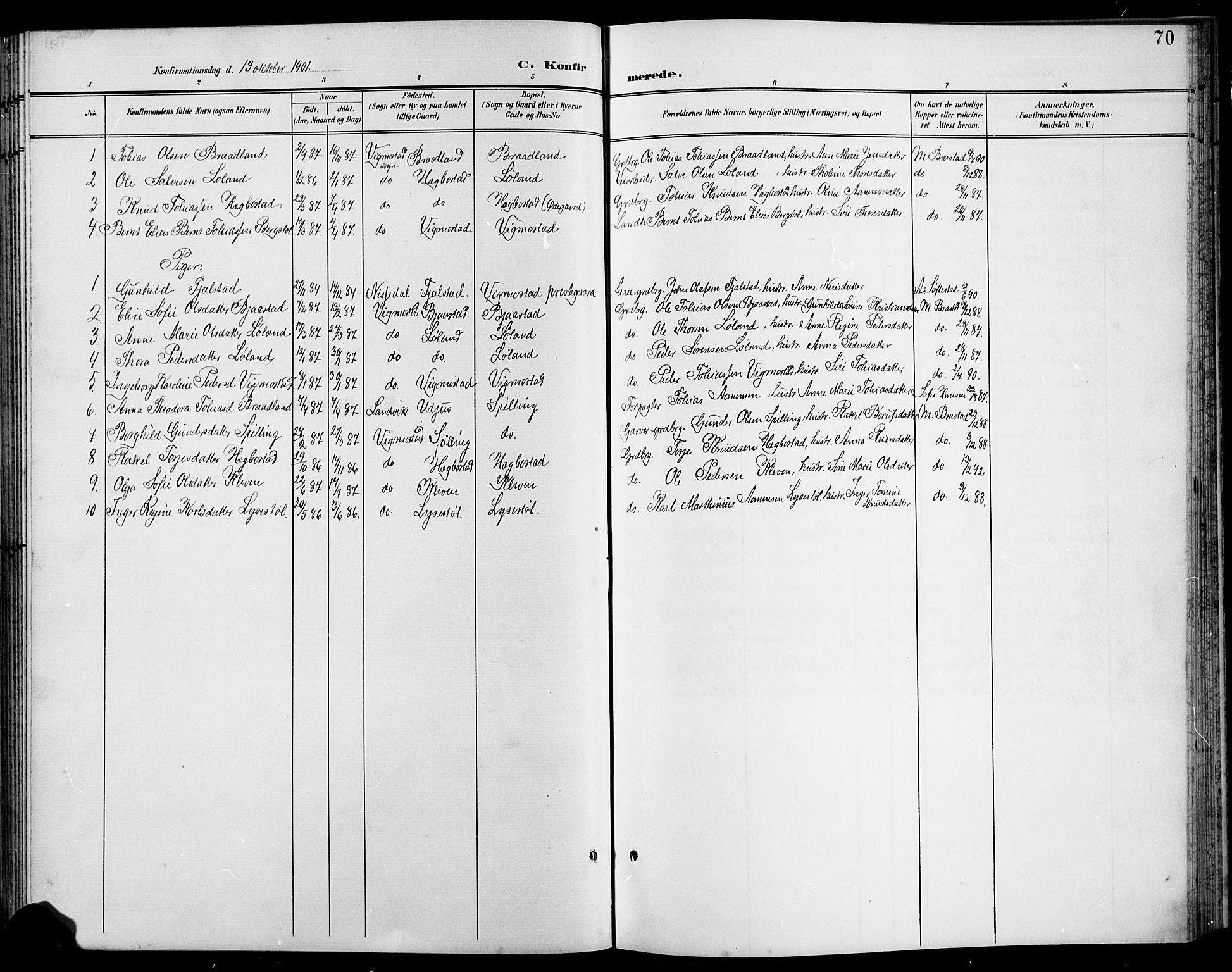 Nord-Audnedal sokneprestkontor, AV/SAK-1111-0032/F/Fb/Fbb/L0004: Parish register (copy) no. B 4, 1901-1917, p. 70