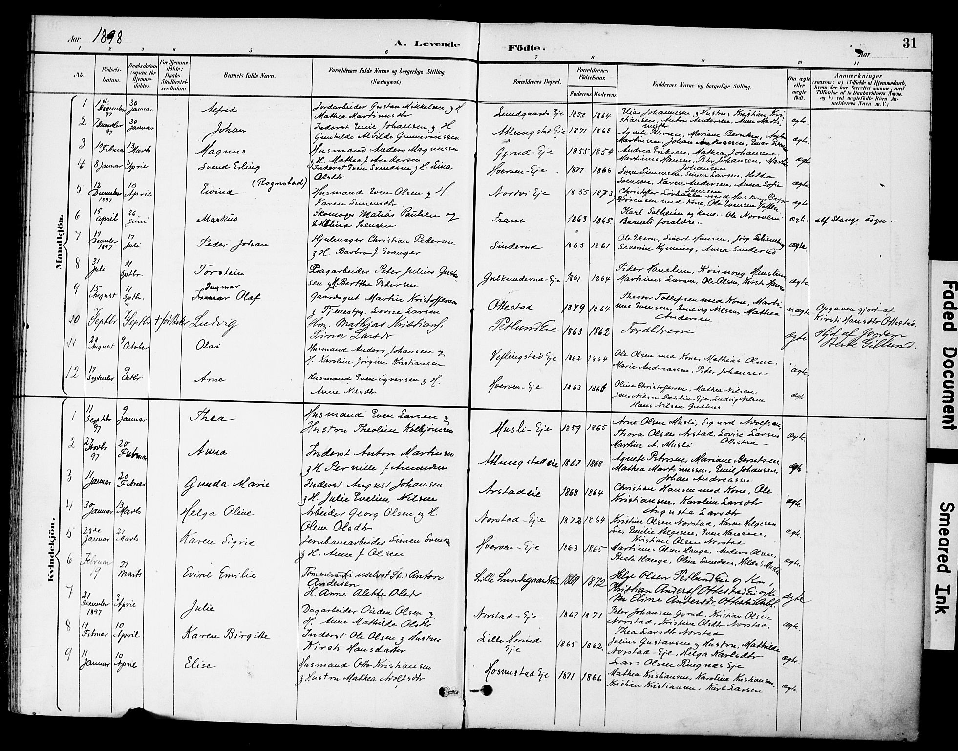 Stange prestekontor, SAH/PREST-002/K/L0021: Parish register (official) no. 21, 1891-1902, p. 31