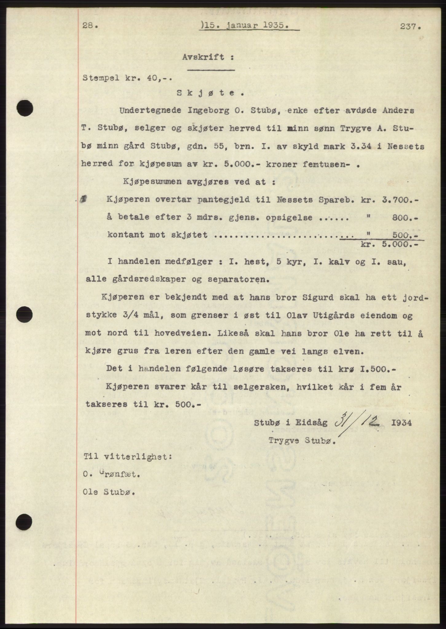 Romsdal sorenskriveri, AV/SAT-A-4149/1/2/2C/L0066: Mortgage book no. 60, 1934-1935, Deed date: 15.01.1935