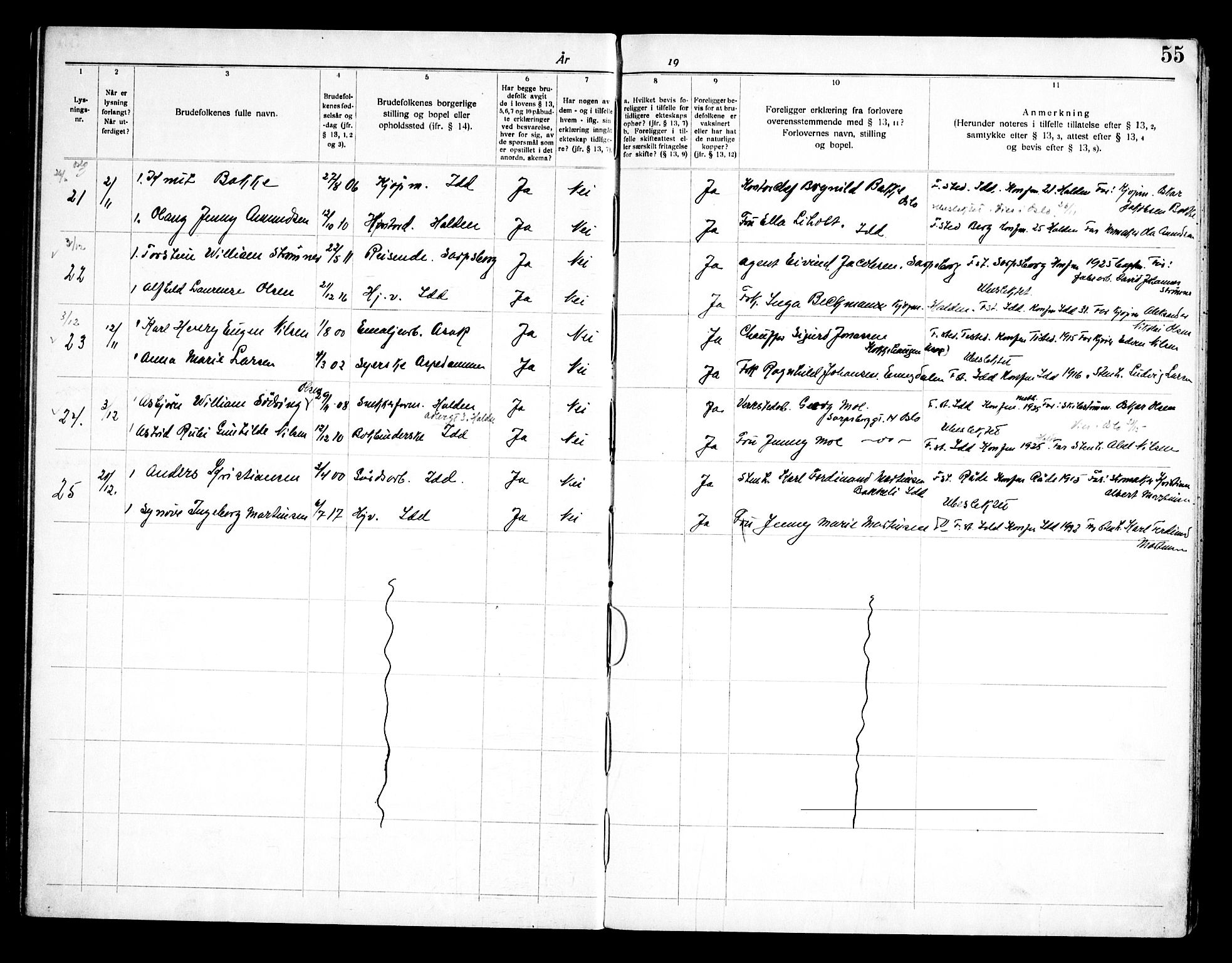 Idd prestekontor Kirkebøker, SAO/A-10911/H/Ha/L0002: Banns register no. I 2, 1919-1958, p. 55