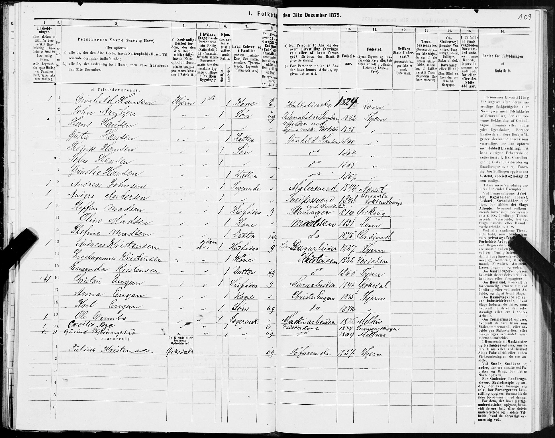 SAT, 1875 census for 1601 Trondheim, 1875, p. 6109