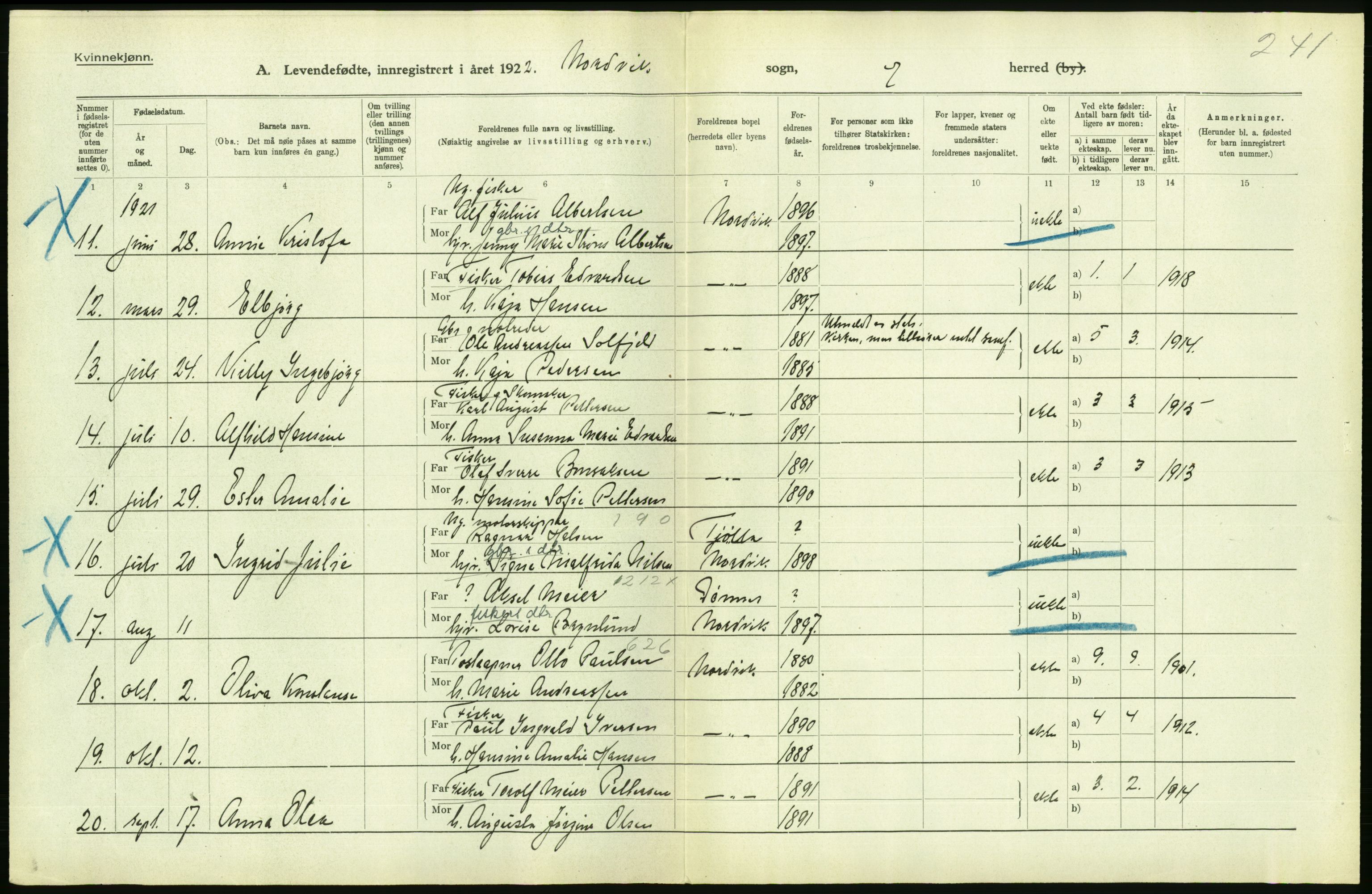 Statistisk sentralbyrå, Sosiodemografiske emner, Befolkning, AV/RA-S-2228/D/Df/Dfc/Dfca/L0049: Nordland fylke: Levendefødte menn og kvinner. Bygder., 1921, p. 90