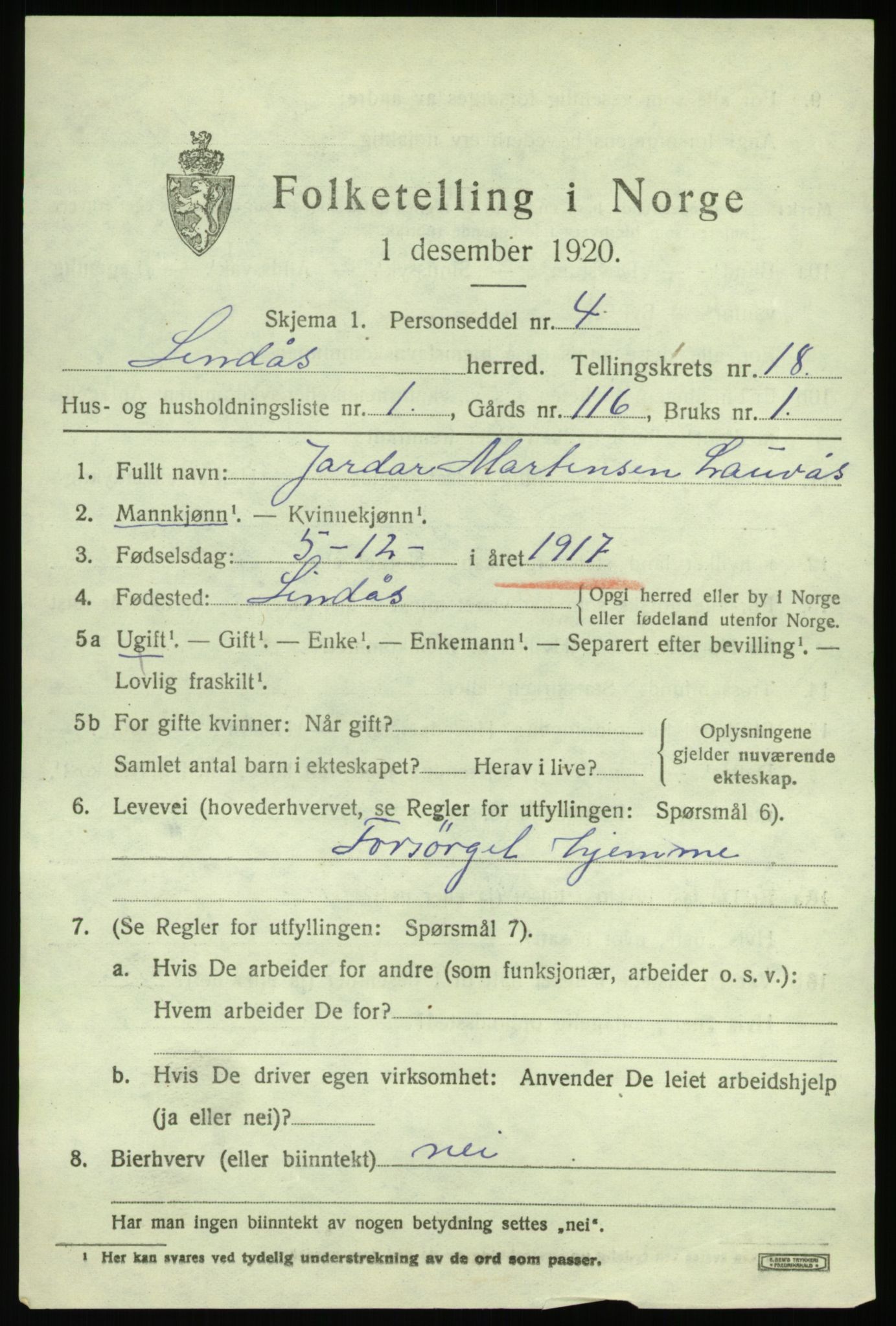 SAB, 1920 census for Lindås, 1920, p. 9311