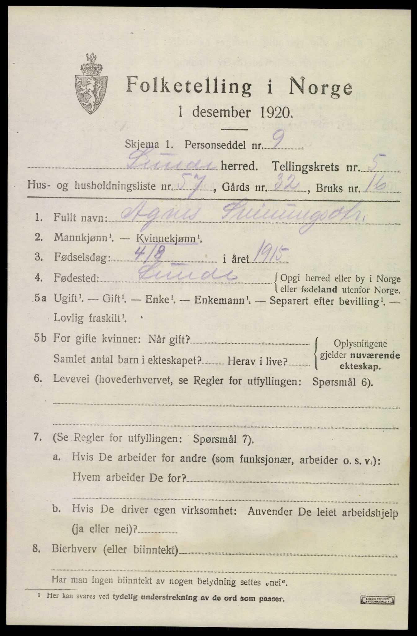 SAKO, 1920 census for Lunde, 1920, p. 4193