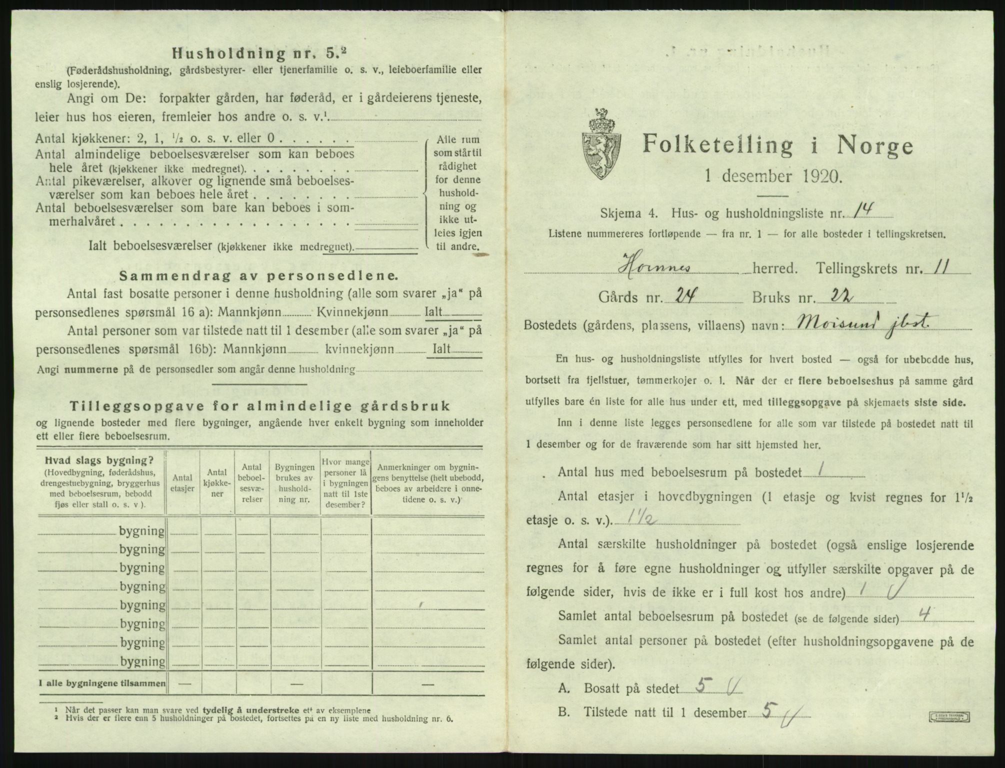 SAK, 1920 census for Hornnes, 1920, p. 459