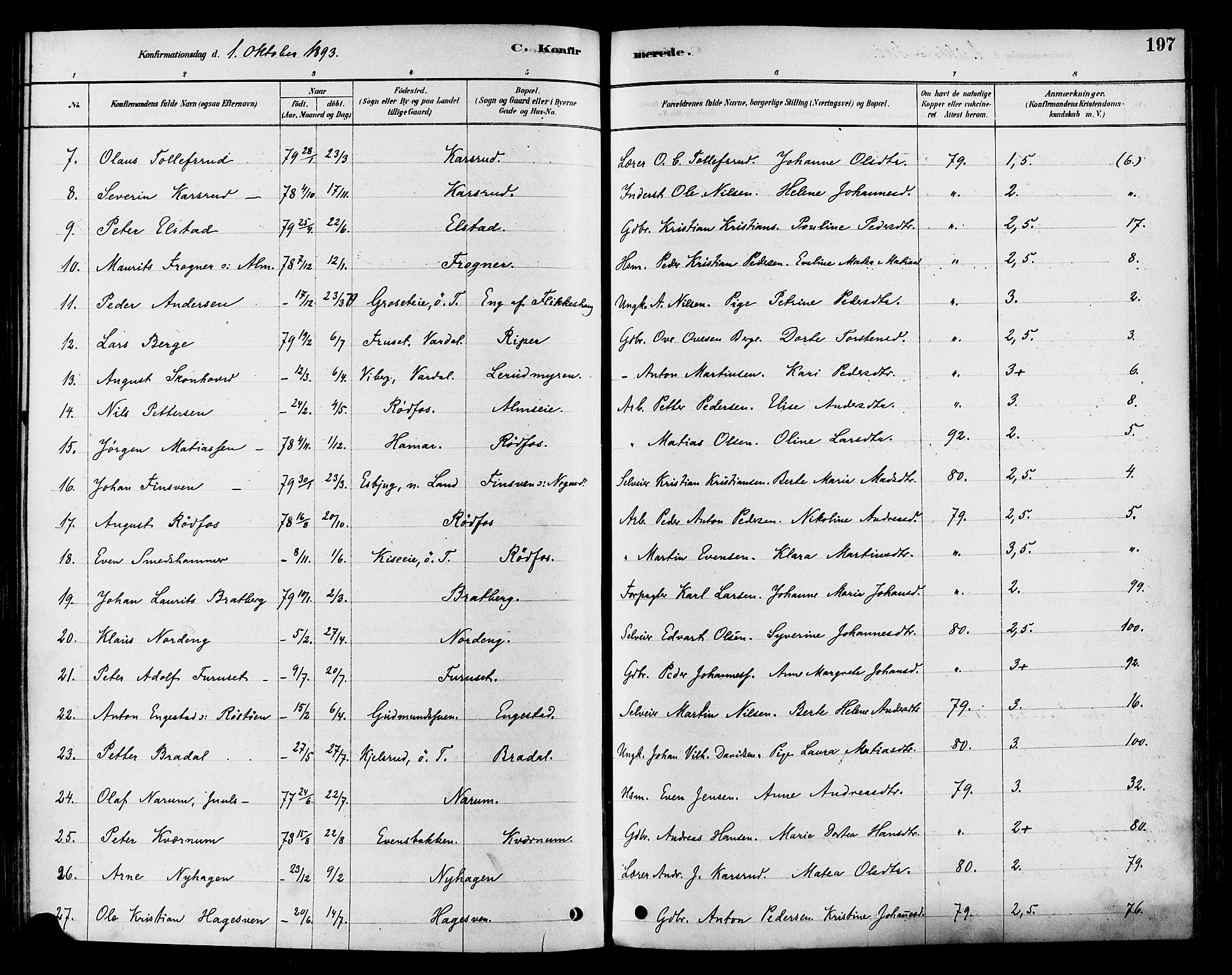 Vestre Toten prestekontor, AV/SAH-PREST-108/H/Ha/Haa/L0009: Parish register (official) no. 9, 1878-1894, p. 197