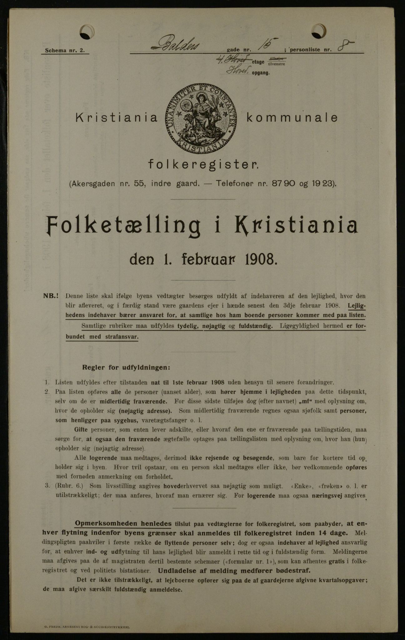 OBA, Municipal Census 1908 for Kristiania, 1908, p. 3316