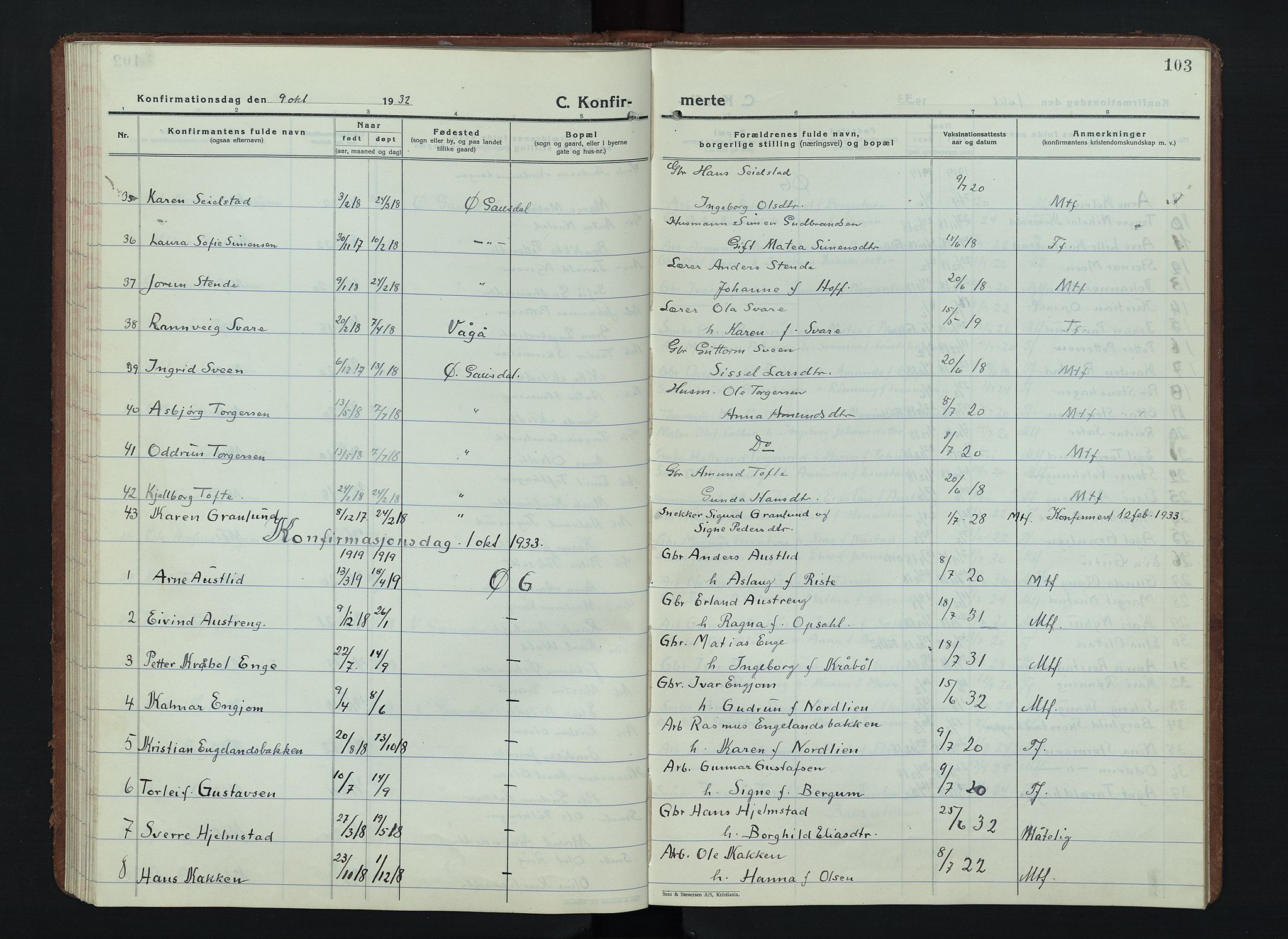 Østre Gausdal prestekontor, SAH/PREST-092/H/Ha/Hab/L0006: Parish register (copy) no. 6, 1922-1945, p. 103