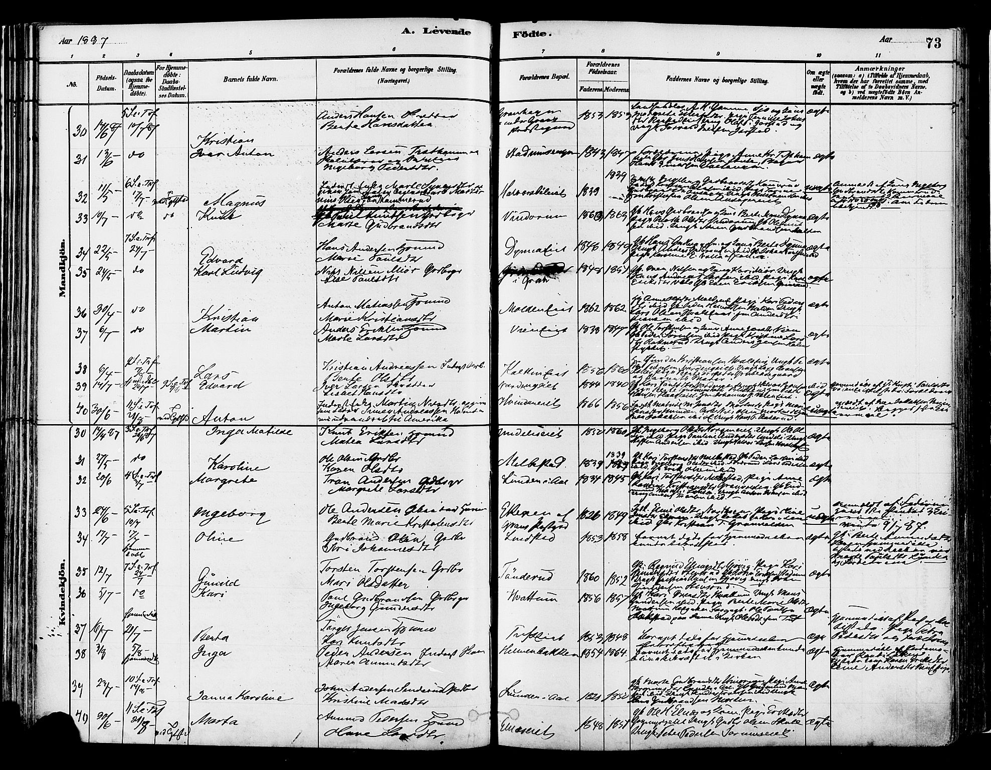Gran prestekontor, SAH/PREST-112/H/Ha/Haa/L0014: Parish register (official) no. 14, 1880-1889, p. 73