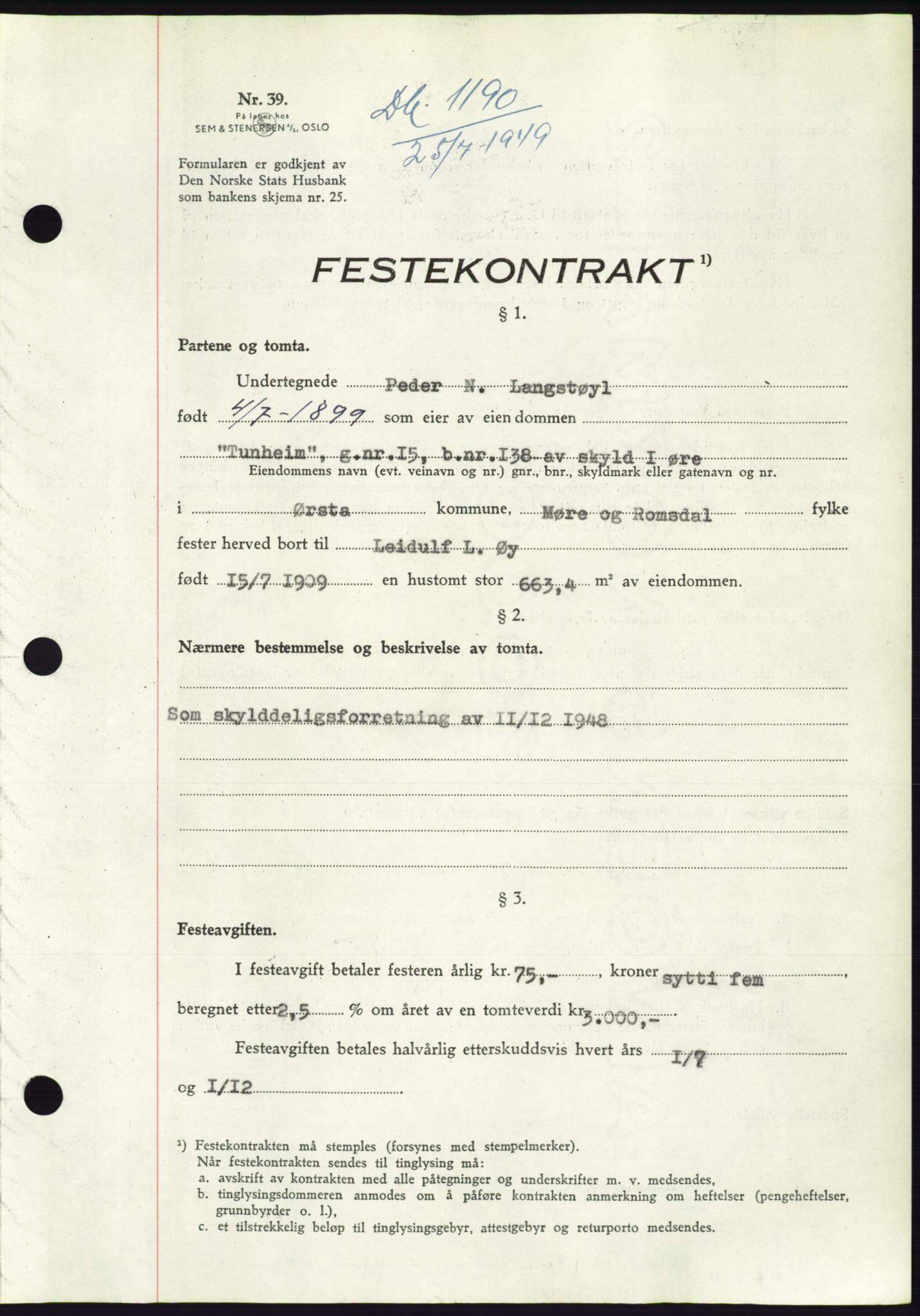 Søre Sunnmøre sorenskriveri, AV/SAT-A-4122/1/2/2C/L0084: Mortgage book no. 10A, 1949-1949, Diary no: : 1190/1949