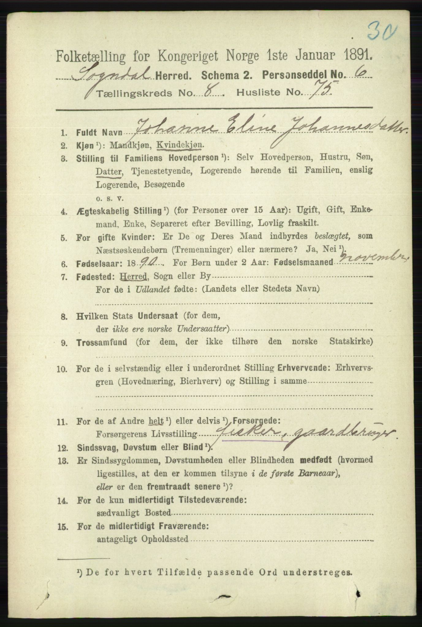 RA, 1891 census for 1111 Sokndal, 1891, p. 3115