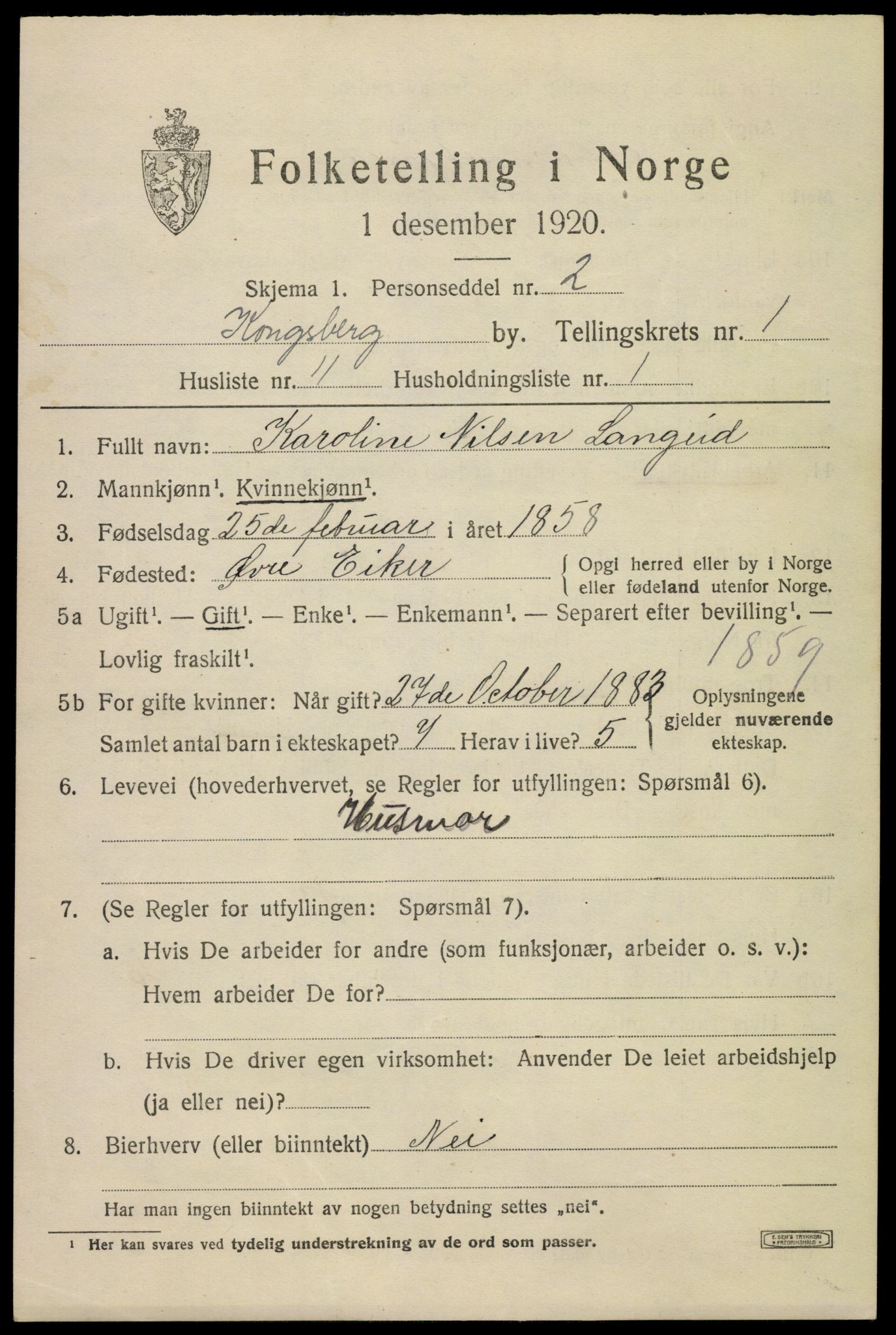 SAKO, 1920 census for Kongsberg, 1920, p. 5828