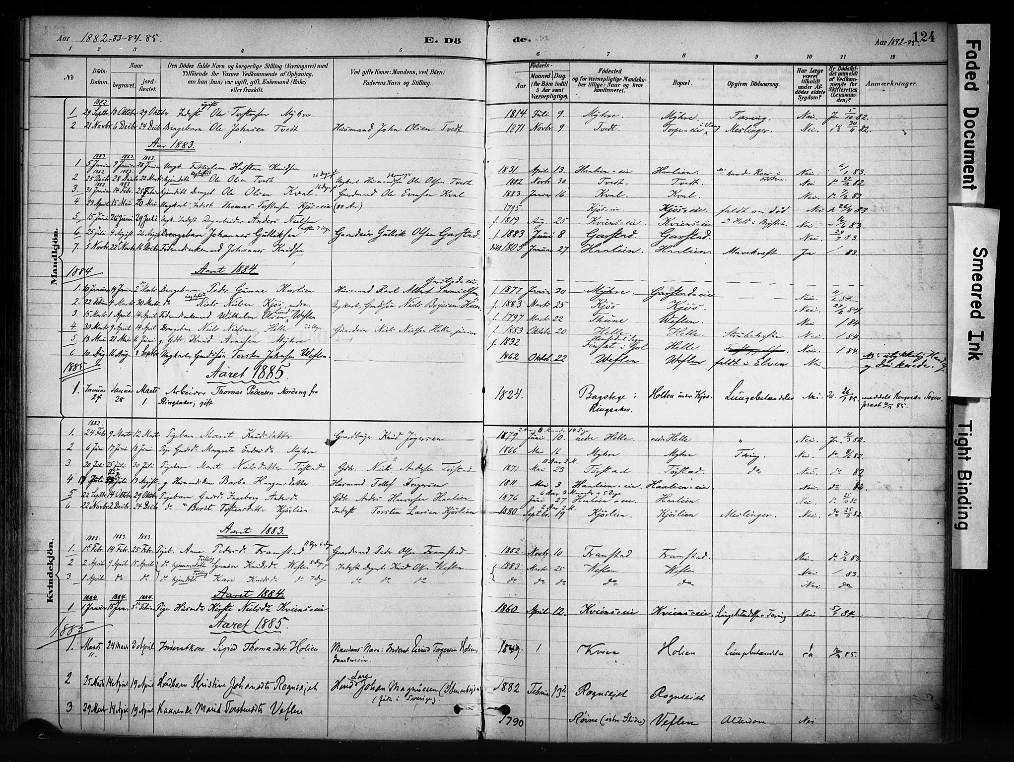 Vang prestekontor, Valdres, SAH/PREST-140/H/Ha/L0009: Parish register (official) no. 9, 1882-1914, p. 124