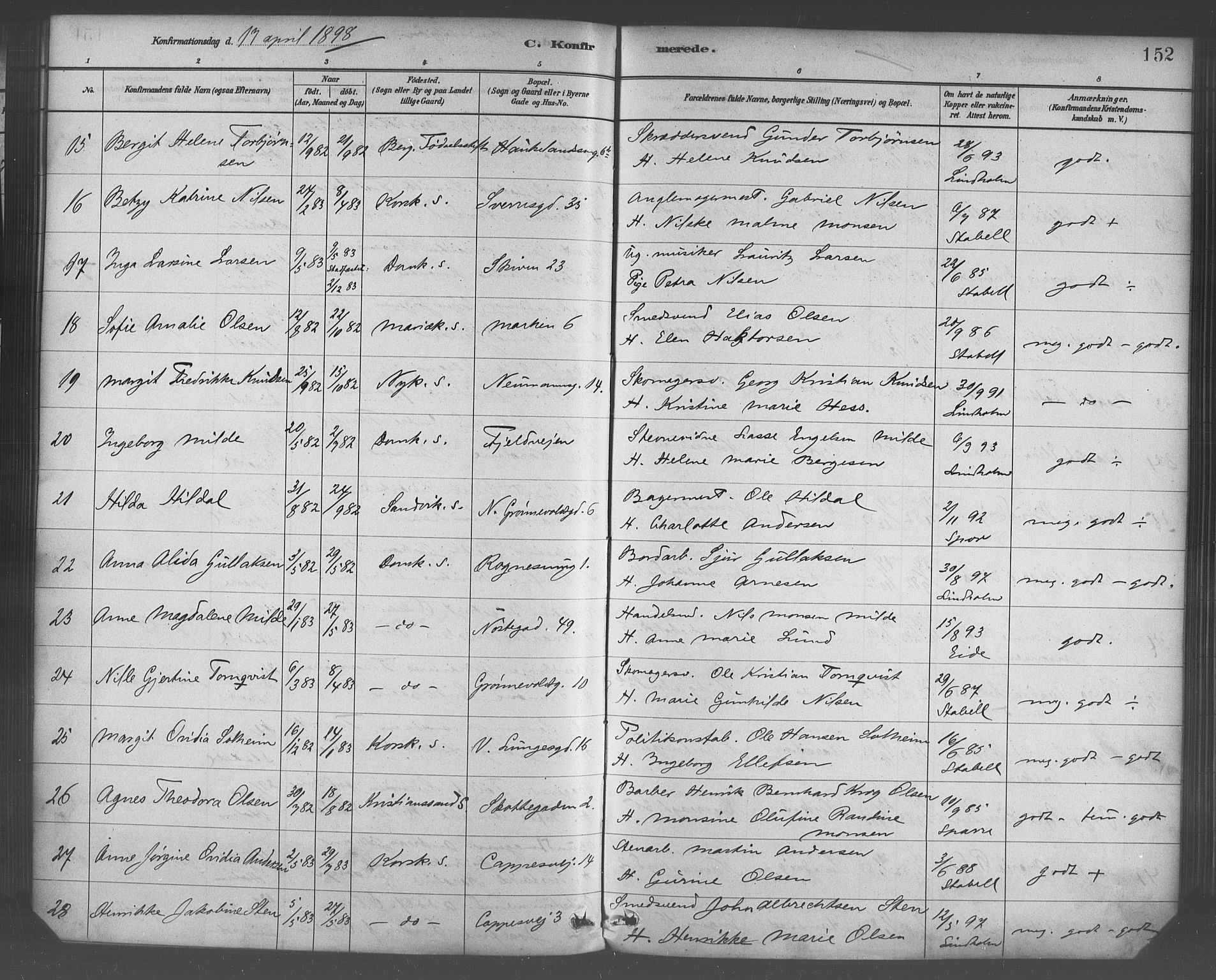 Domkirken sokneprestembete, SAB/A-74801/H/Haa/L0030: Parish register (official) no. C 5, 1880-1898, p. 152