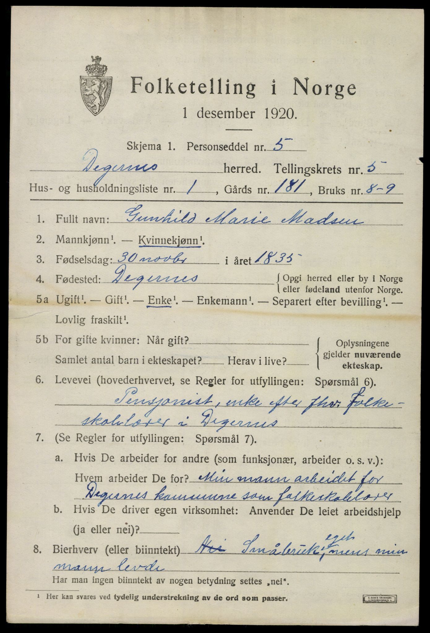 SAO, 1920 census for Degernes, 1920, p. 2748