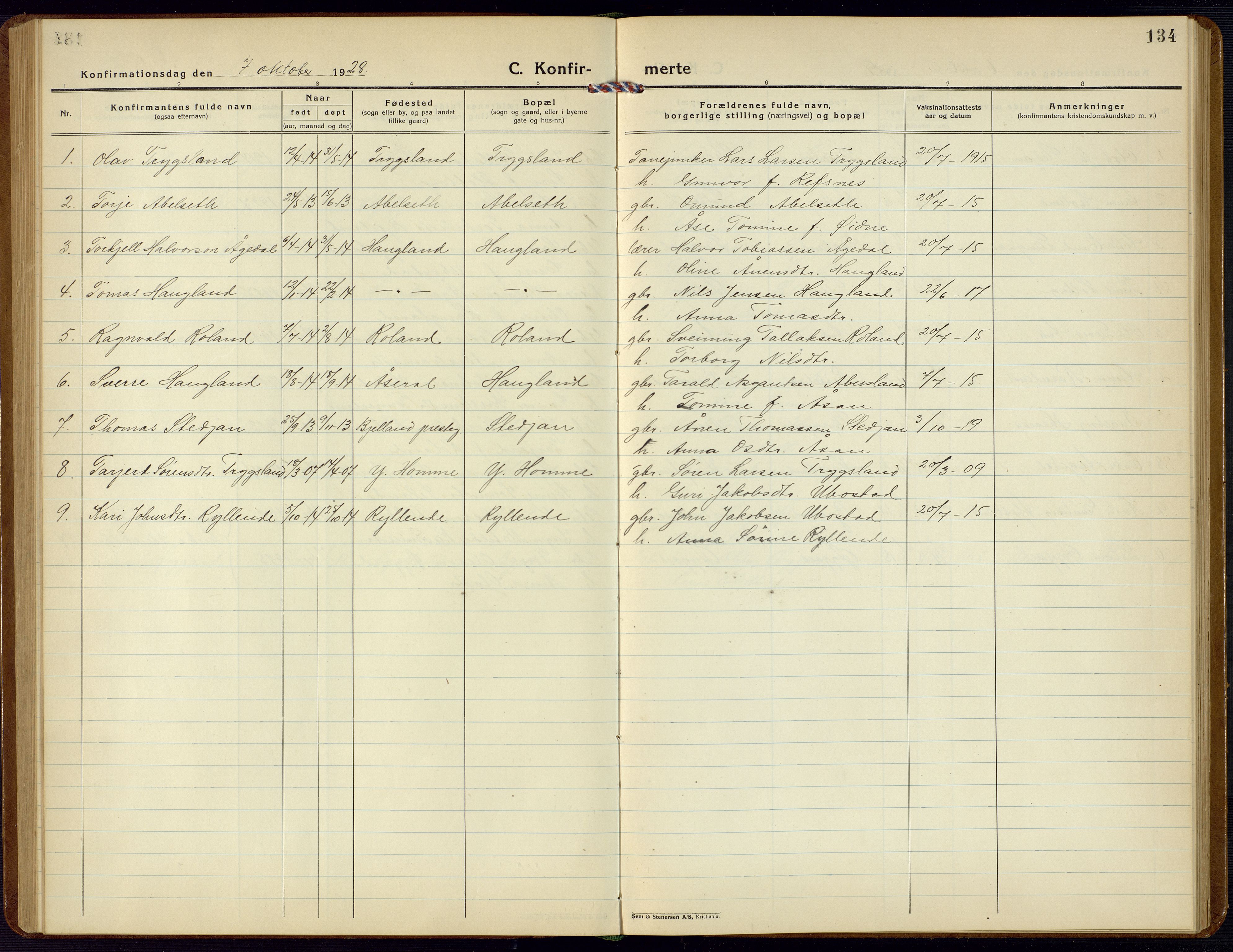 Bjelland sokneprestkontor, SAK/1111-0005/F/Fb/Fba/L0006: Parish register (copy) no. B 6, 1923-1956, p. 134