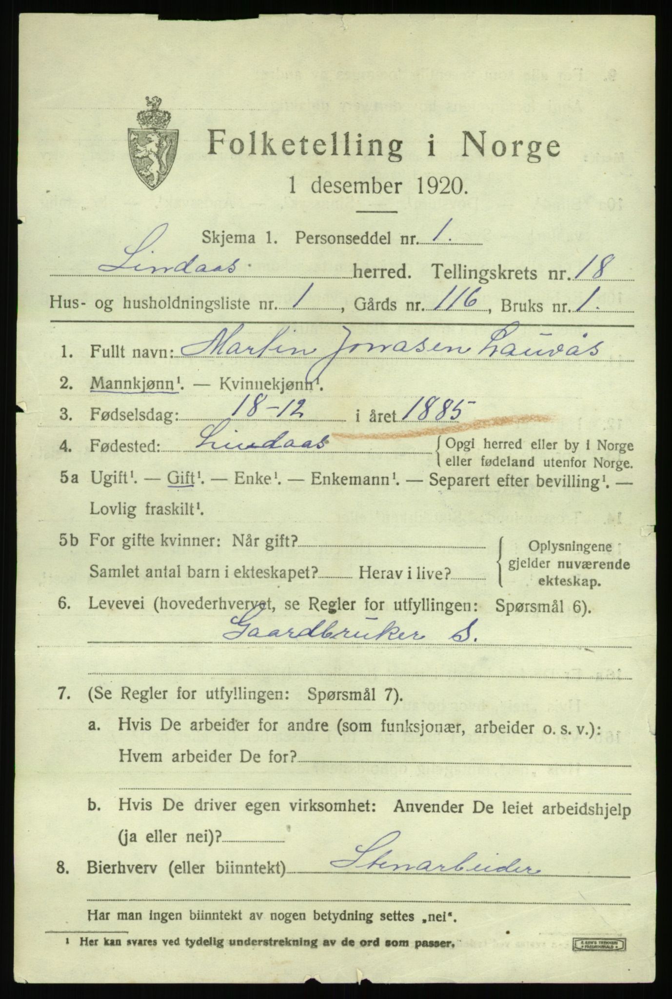 SAB, 1920 census for Lindås, 1920, p. 9305