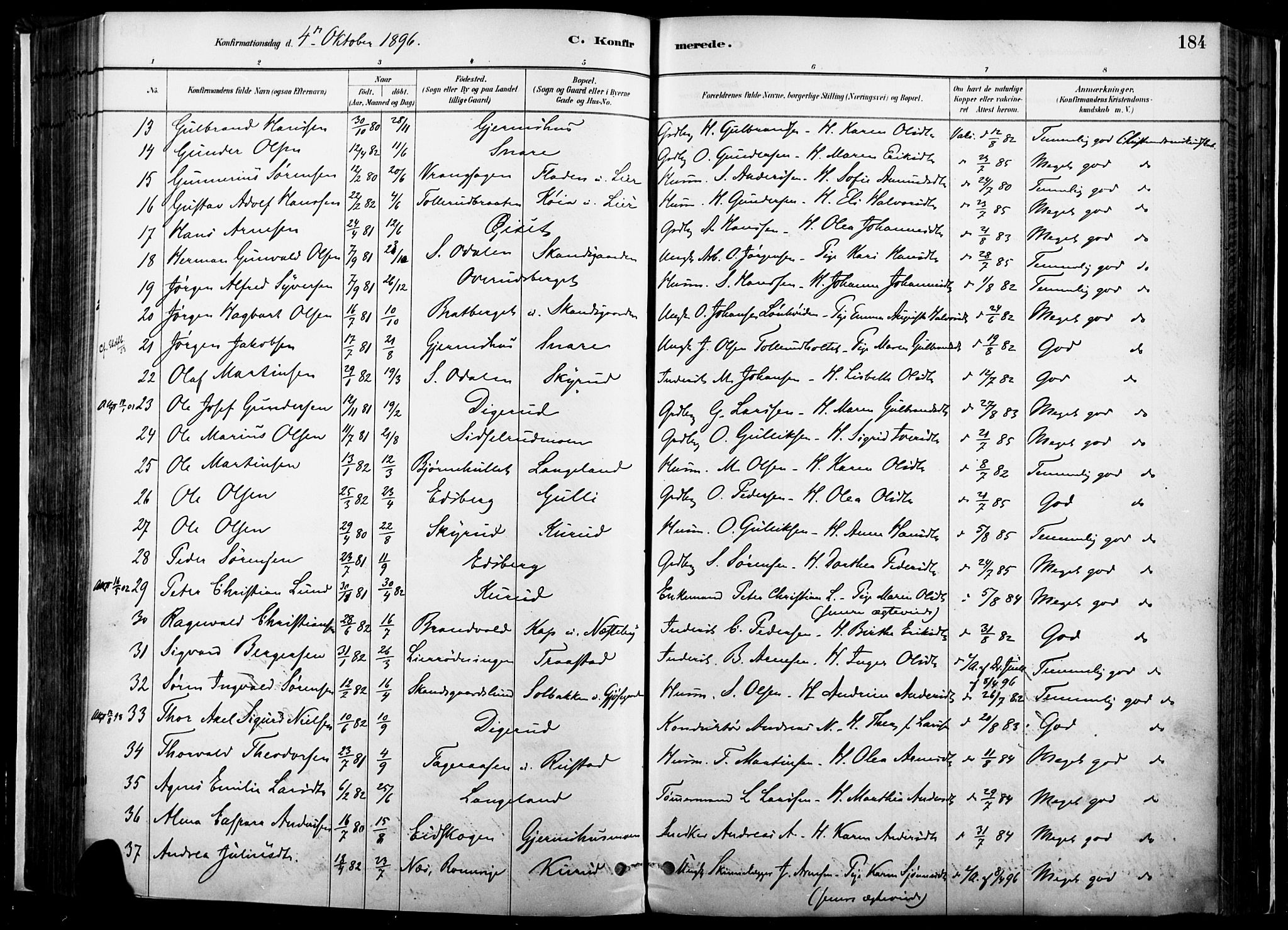 Vinger prestekontor, AV/SAH-PREST-024/H/Ha/Haa/L0014: Parish register (official) no. 14, 1881-1900, p. 184