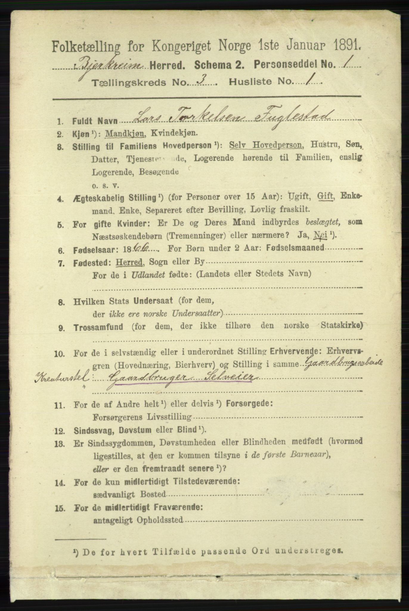 RA, 1891 census for 1114 Bjerkreim, 1891, p. 892