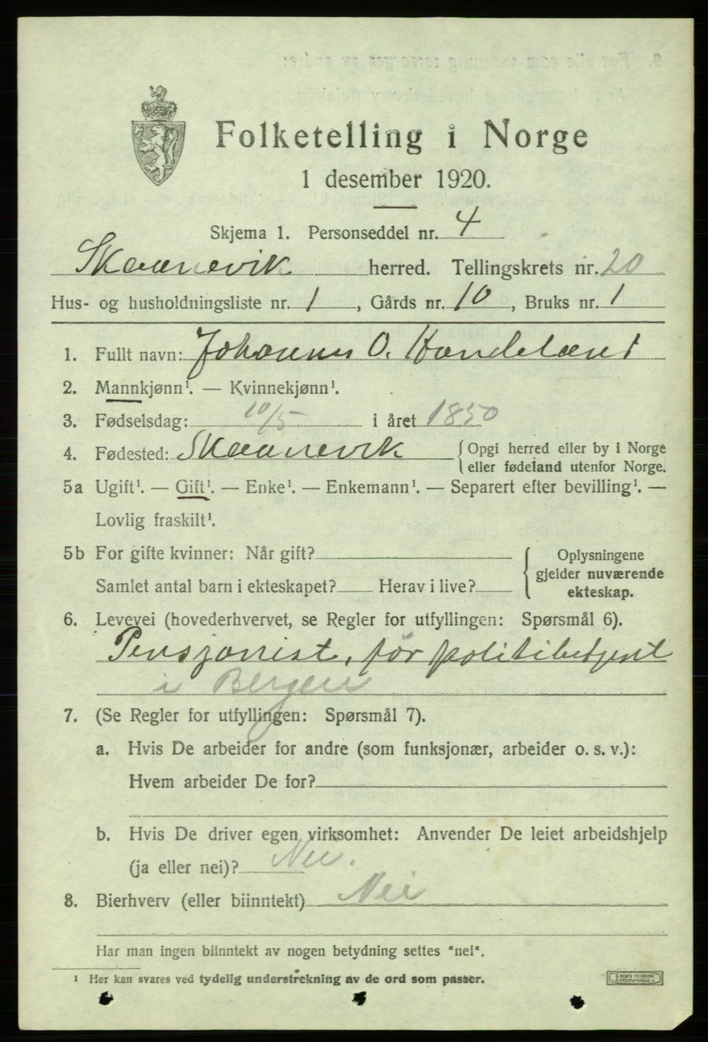 SAB, 1920 census for Skånevik, 1920, p. 7435