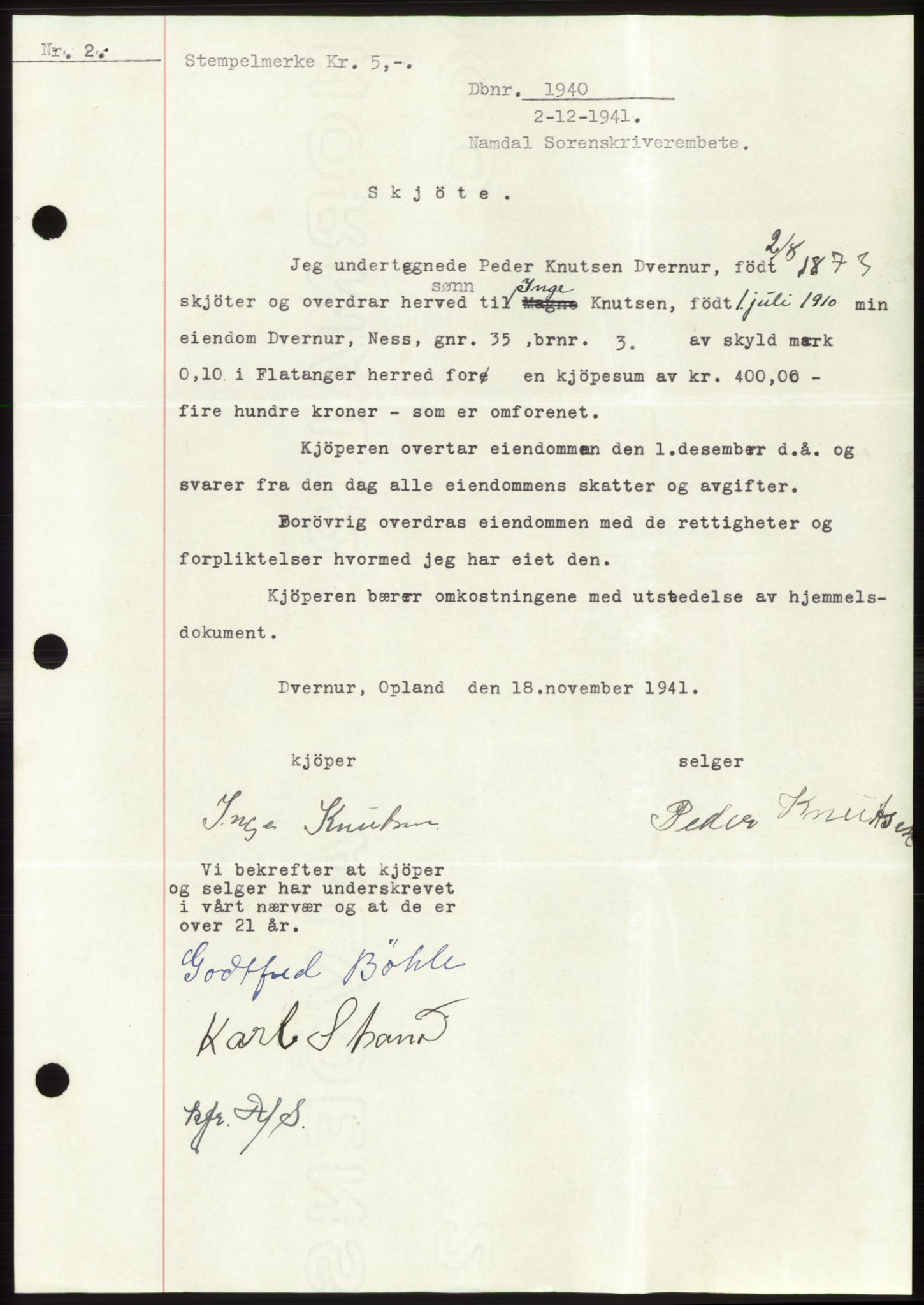 Namdal sorenskriveri, SAT/A-4133/1/2/2C: Mortgage book no. -, 1941-1942, Diary no: : 1940/1941