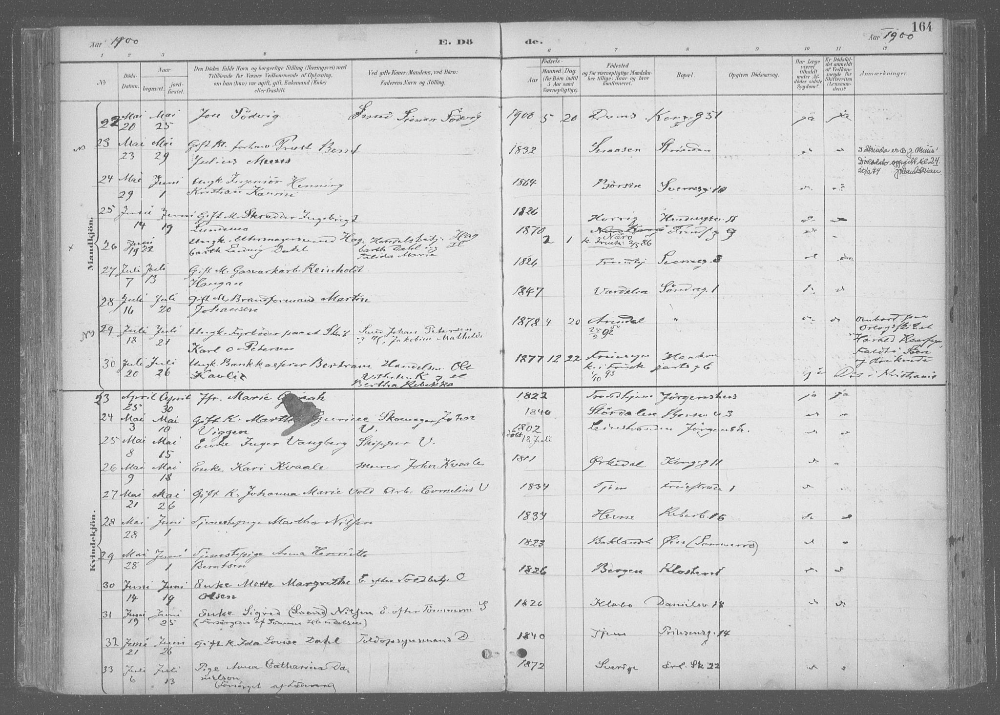 Ministerialprotokoller, klokkerbøker og fødselsregistre - Sør-Trøndelag, SAT/A-1456/601/L0064: Parish register (official) no. 601A31, 1891-1911, p. 164