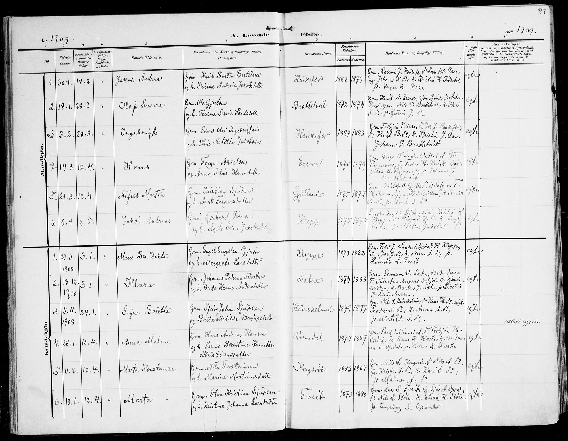Tysnes sokneprestembete, AV/SAB-A-78601/H/Haa: Parish register (official) no. D 2, 1905-1922, p. 27