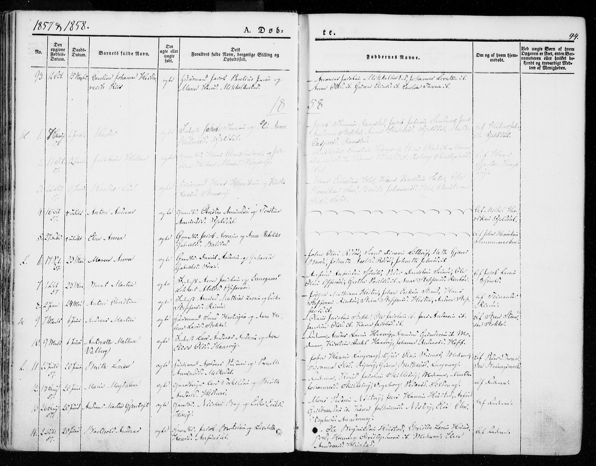 Ministerialprotokoller, klokkerbøker og fødselsregistre - Nordland, SAT/A-1459/872/L1033: Parish register (official) no. 872A08, 1840-1863, p. 94
